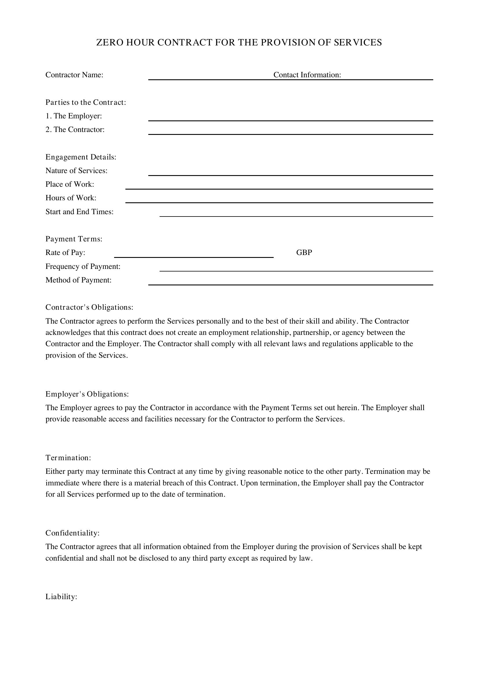 0 Hour Contract Template - UK