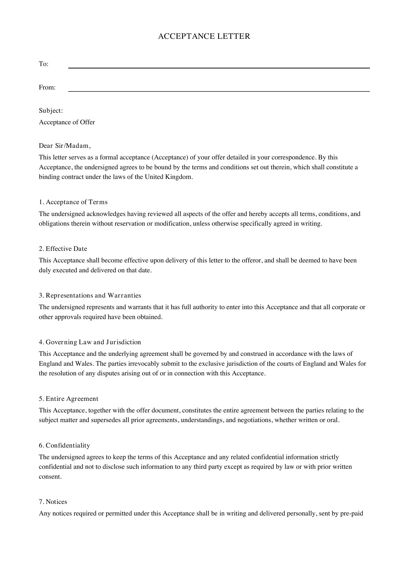 Acceptance Letter Template - UK