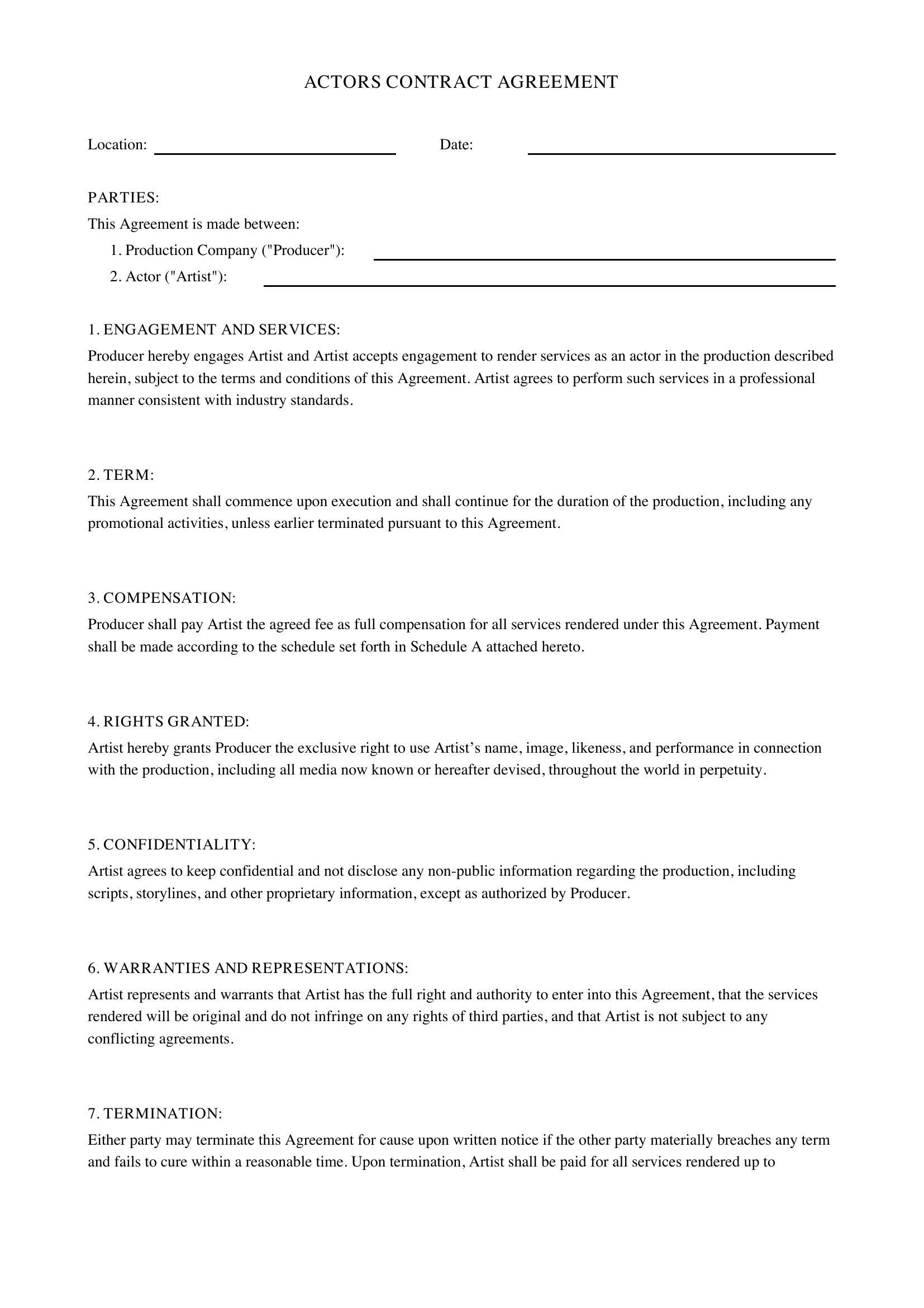 Actors Contract Template - UK