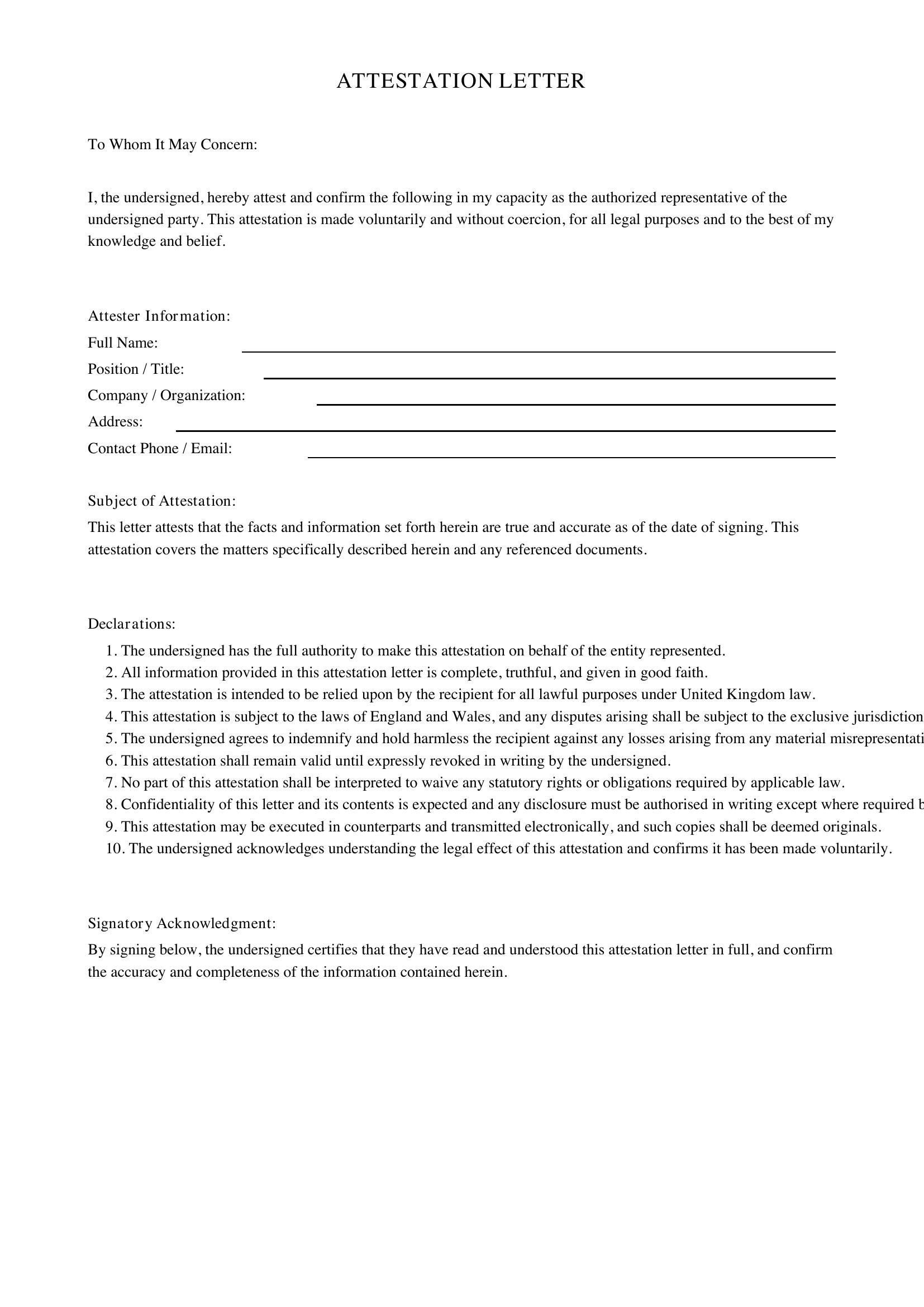 Attestation Letter Template - UK