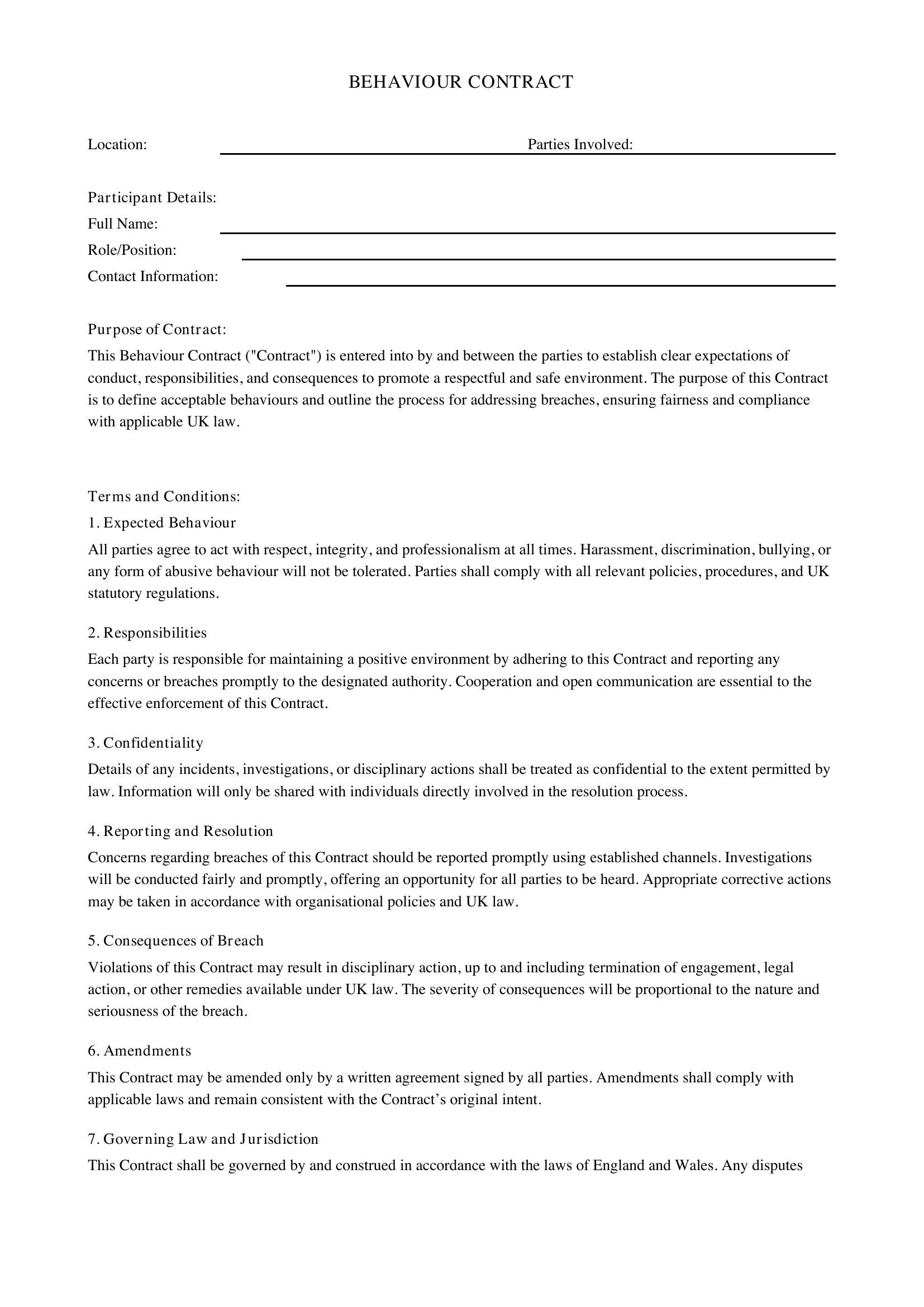 Behaviour Contract Template - UK