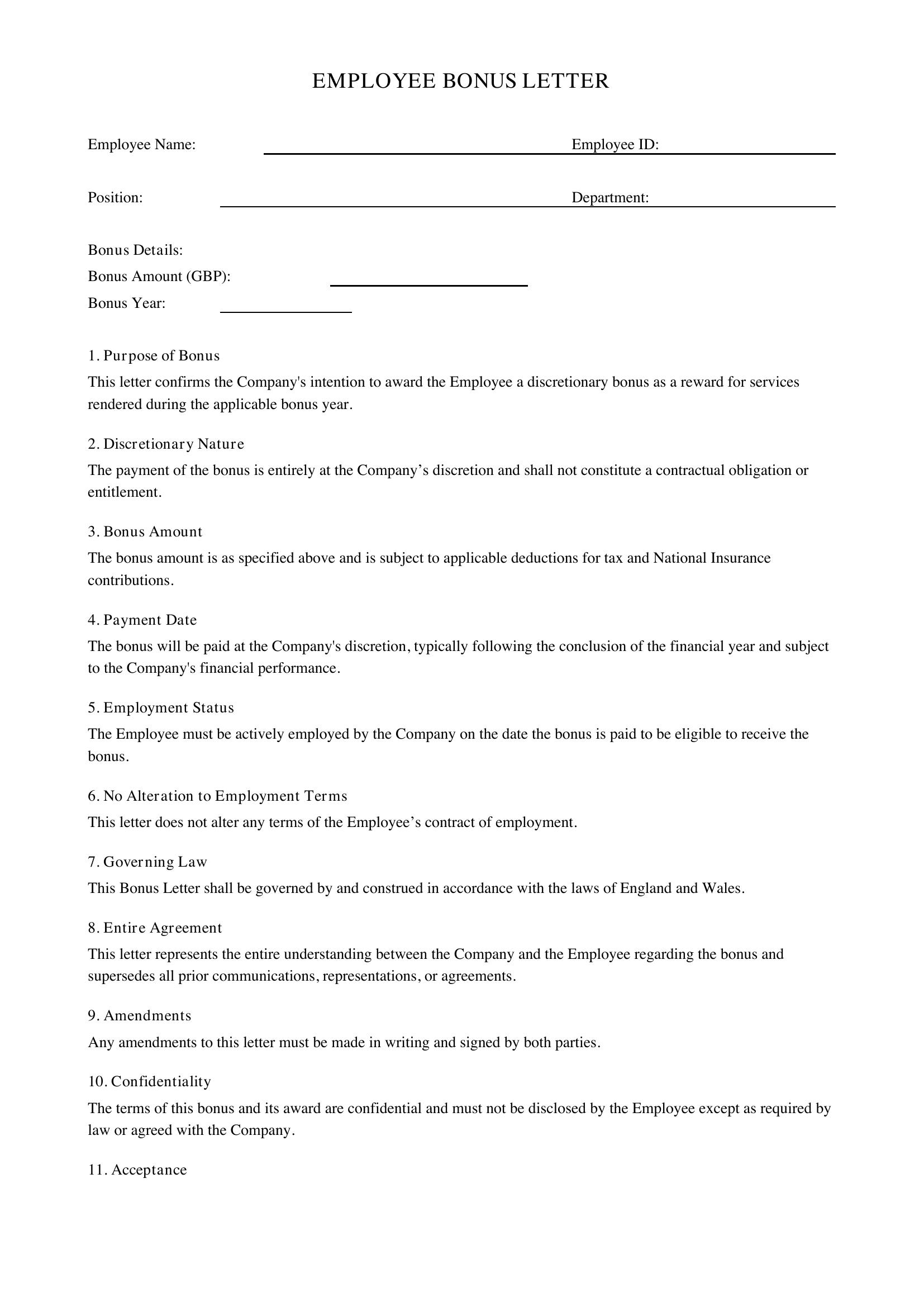Bonus Letter Template - UK