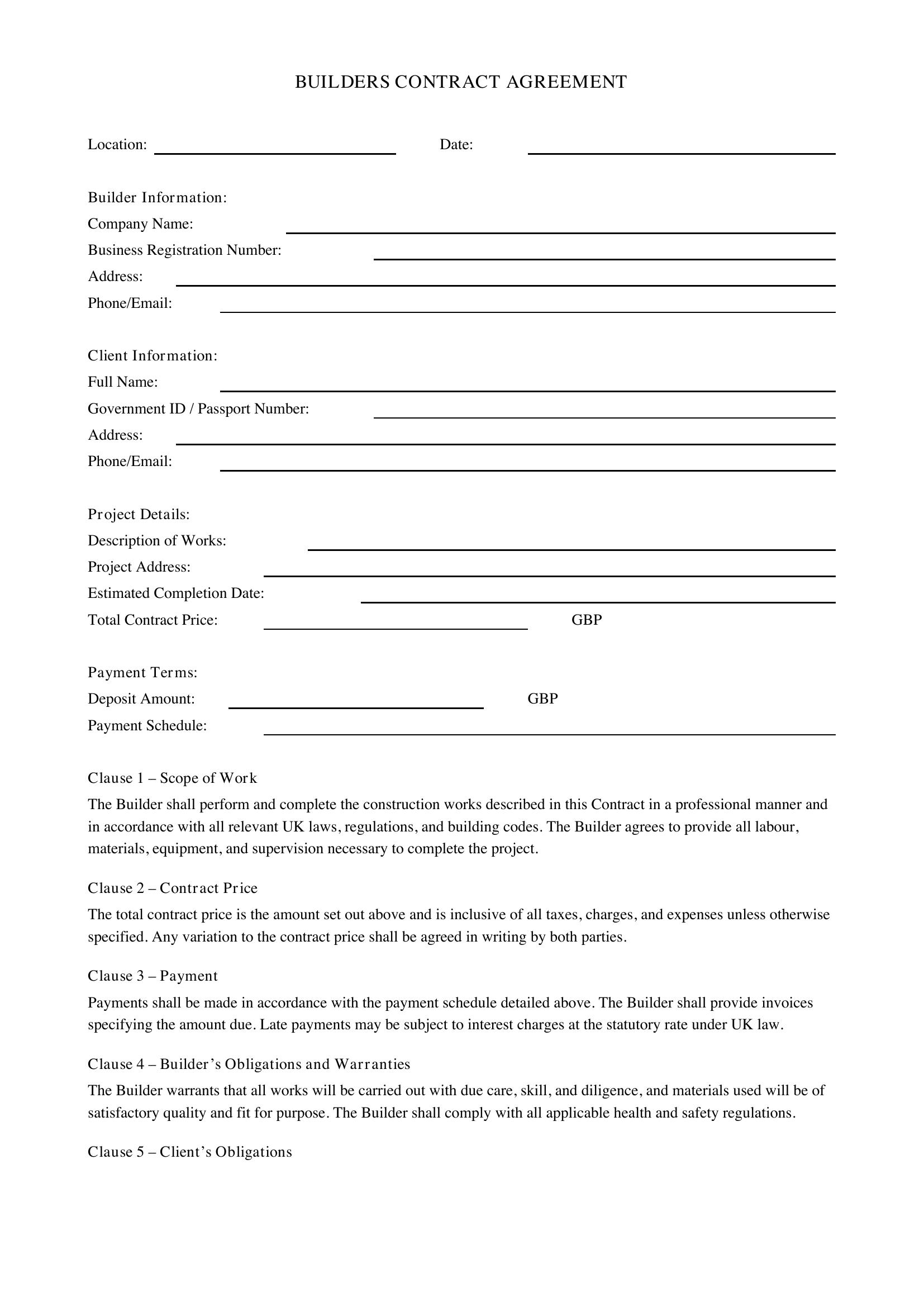 Builders Contract Template - UK