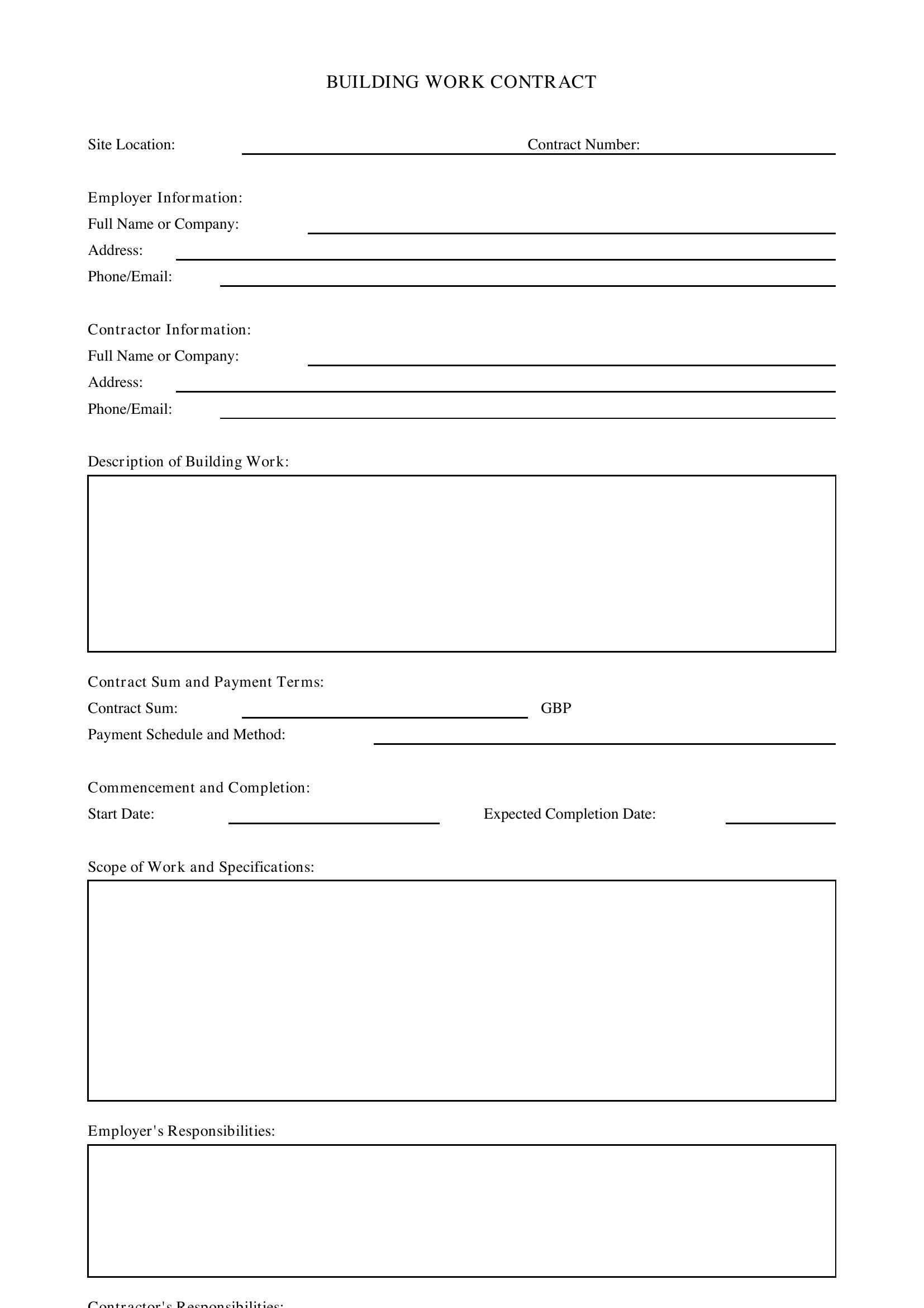 Building Work Contract Template - UK