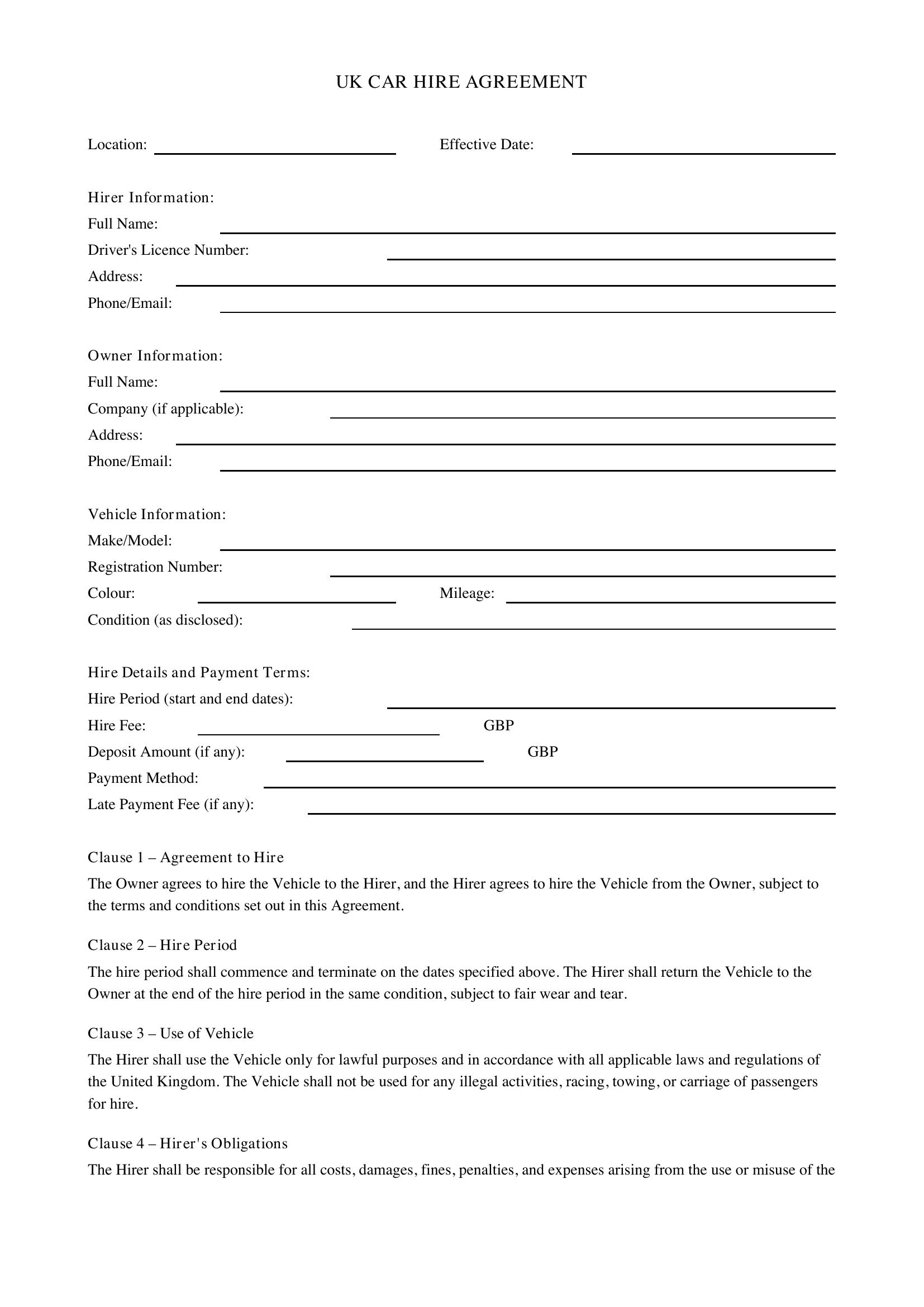 Car Hire Agreement Template - UK