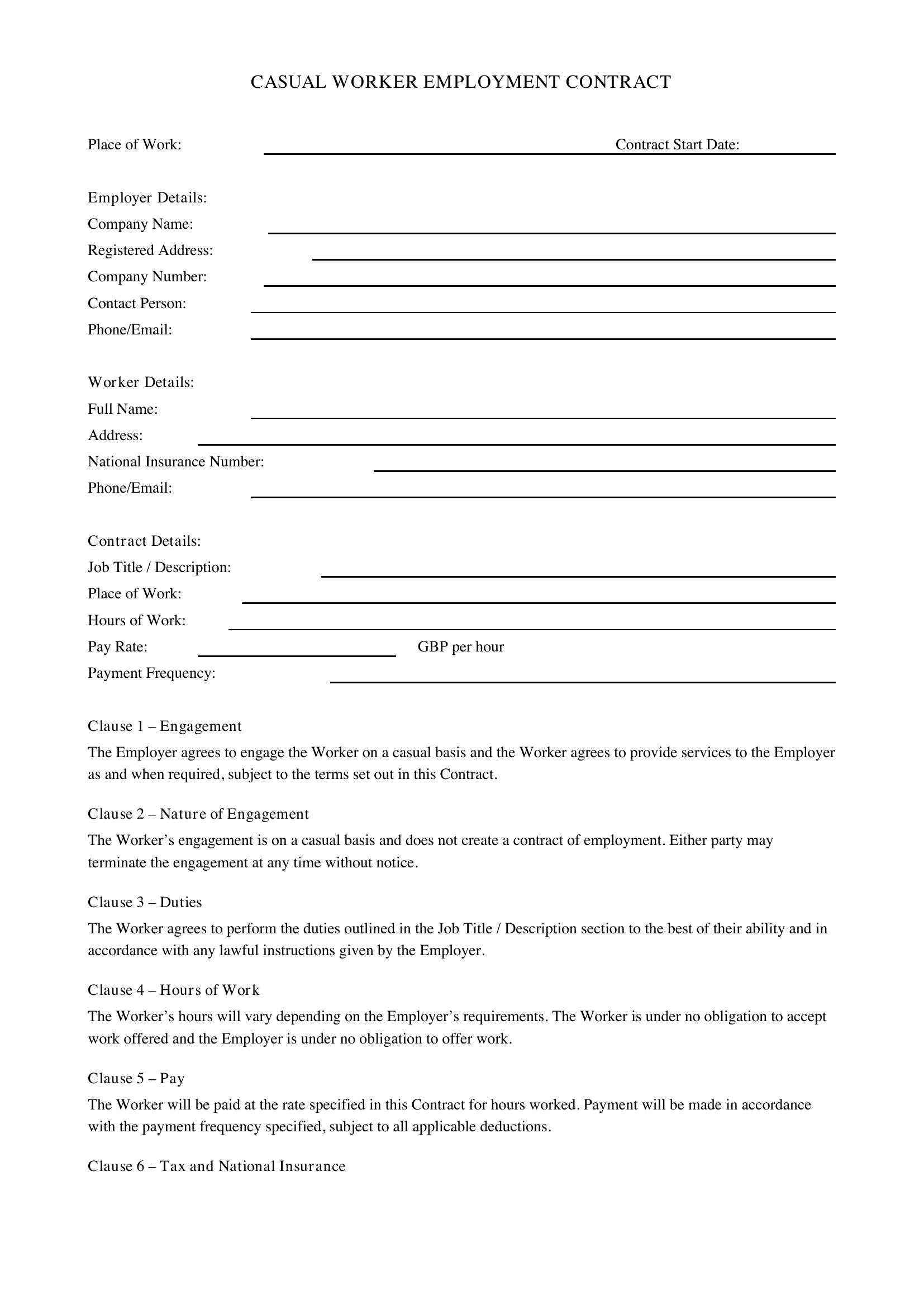 Casual Worker Contract Template - UK