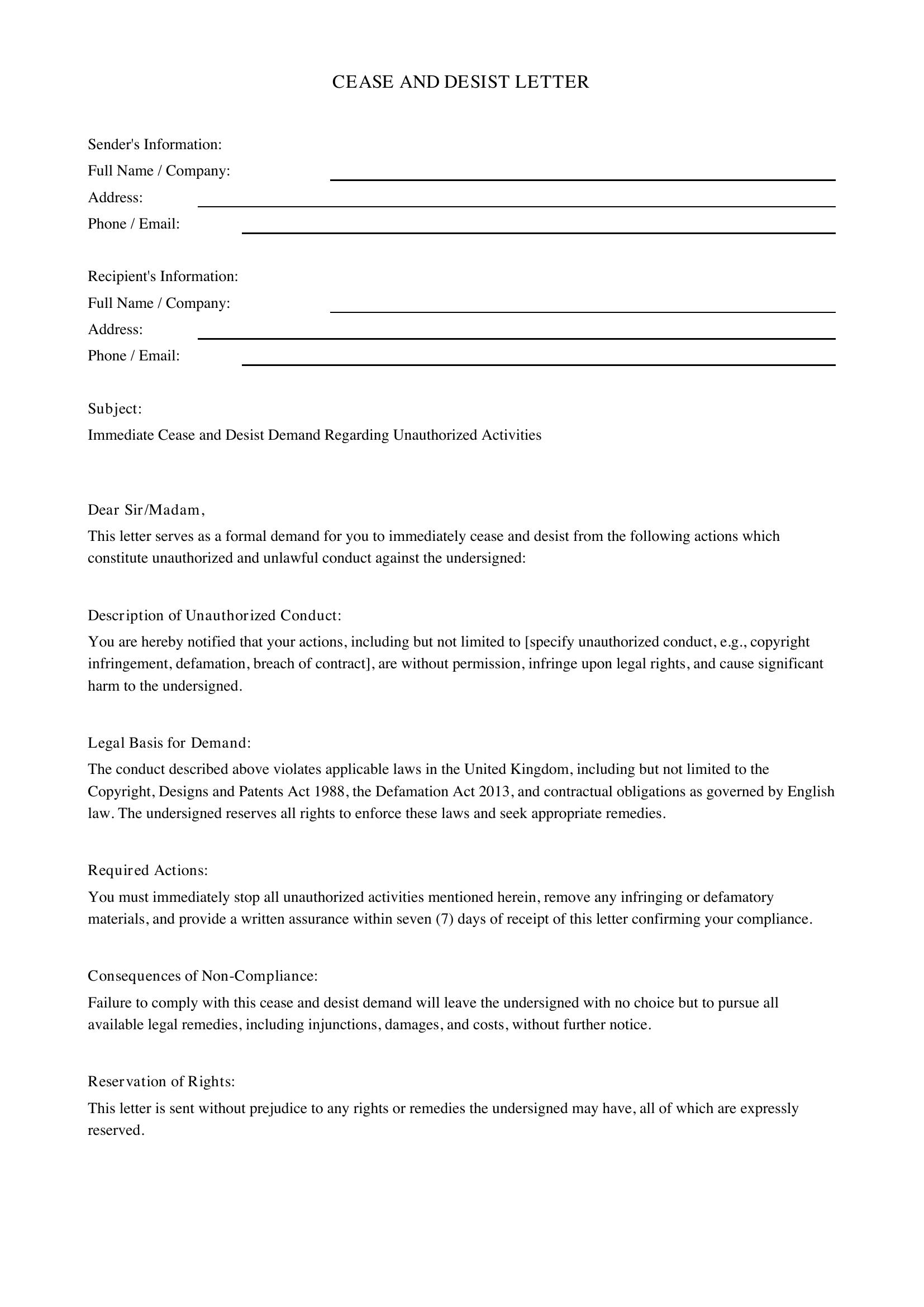 Cease And Desist Letter Template - UK