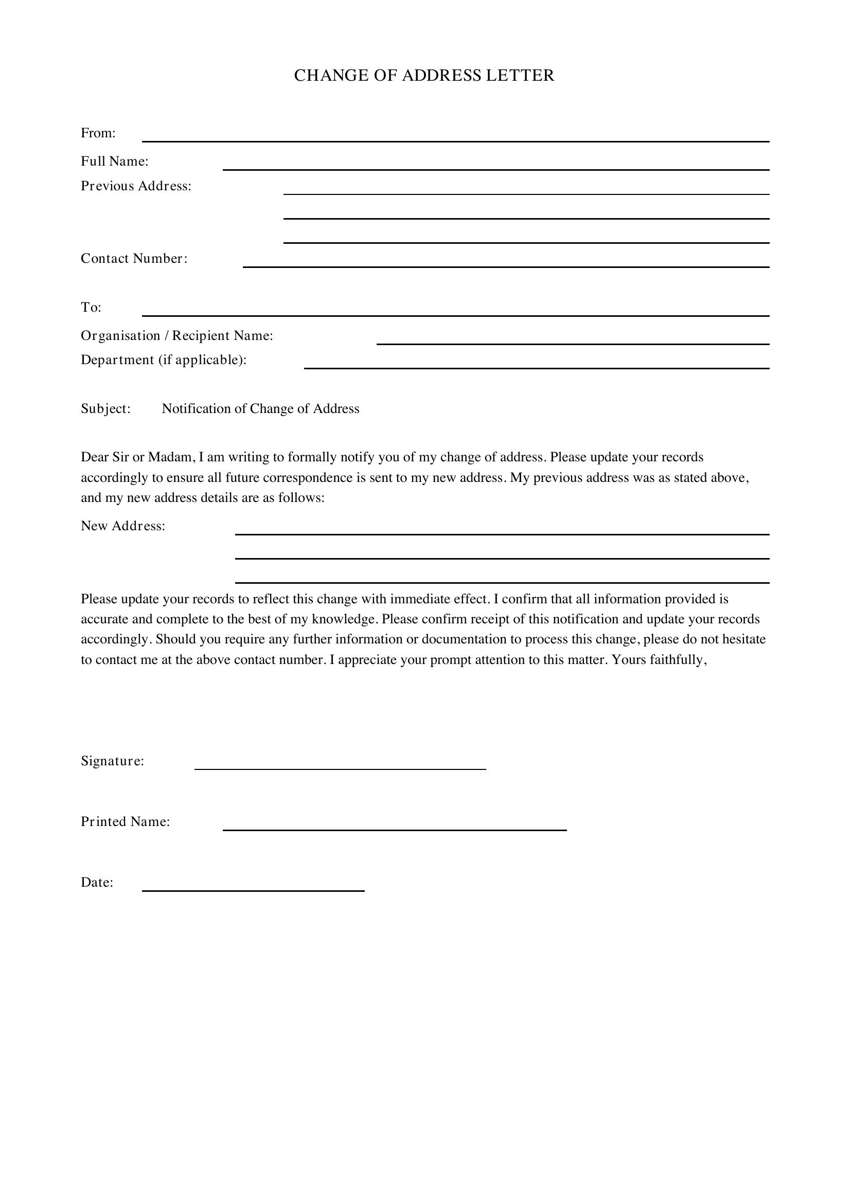 Change Of Address Letter Template - UK