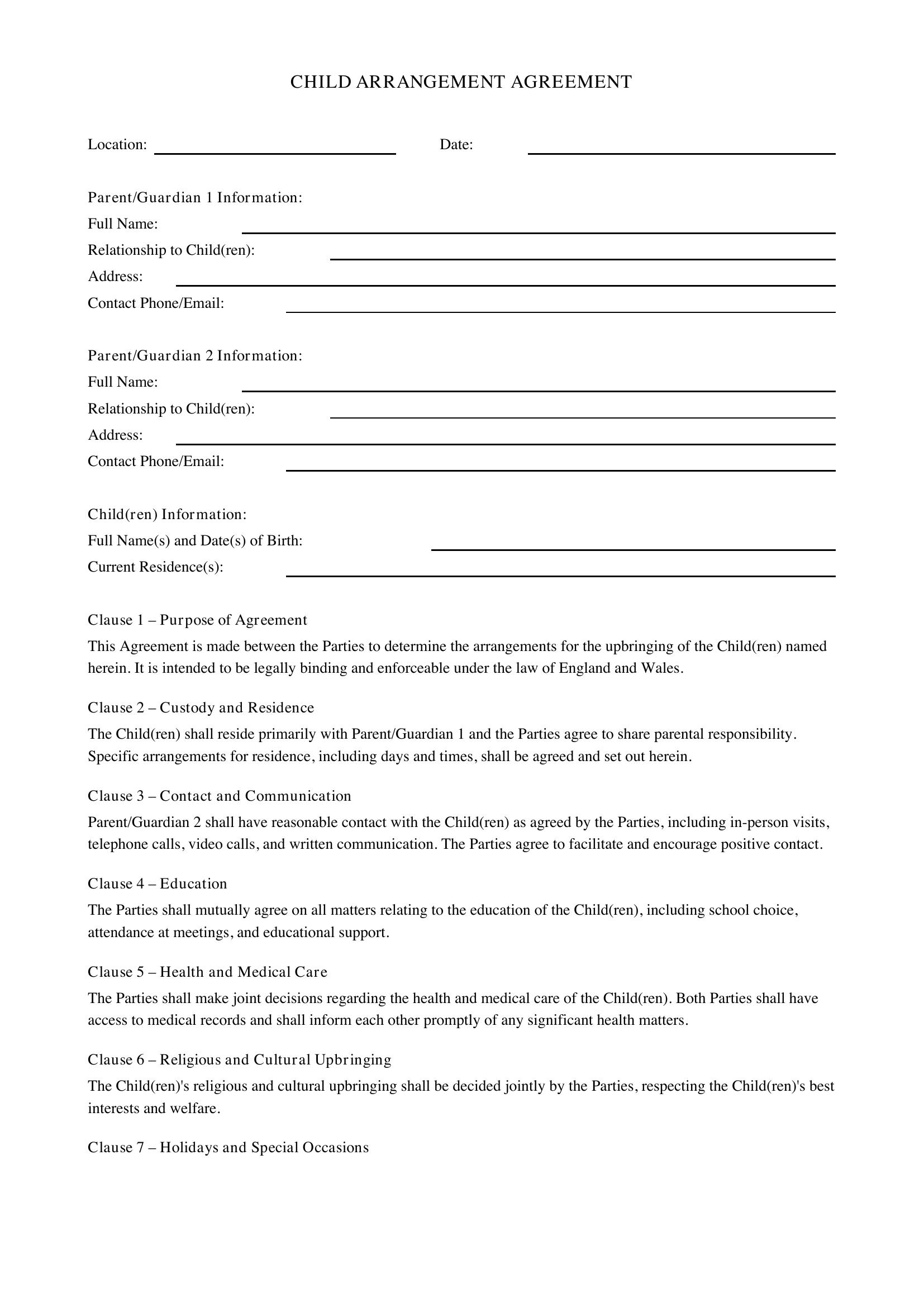 Child Arrangement Agreement Template - UK