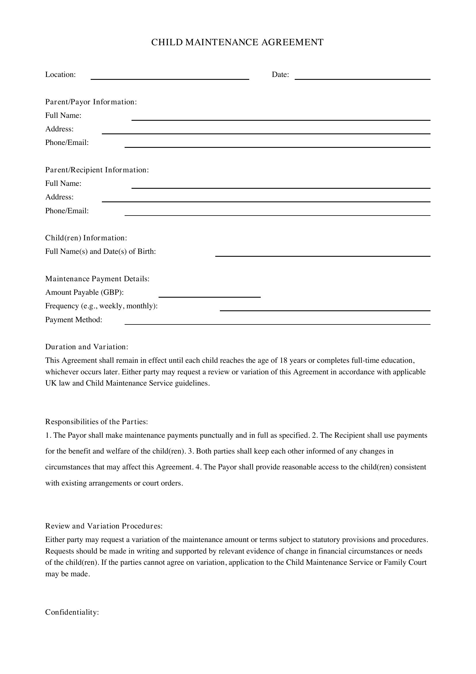 Child Maintenance Agreement Template - UK