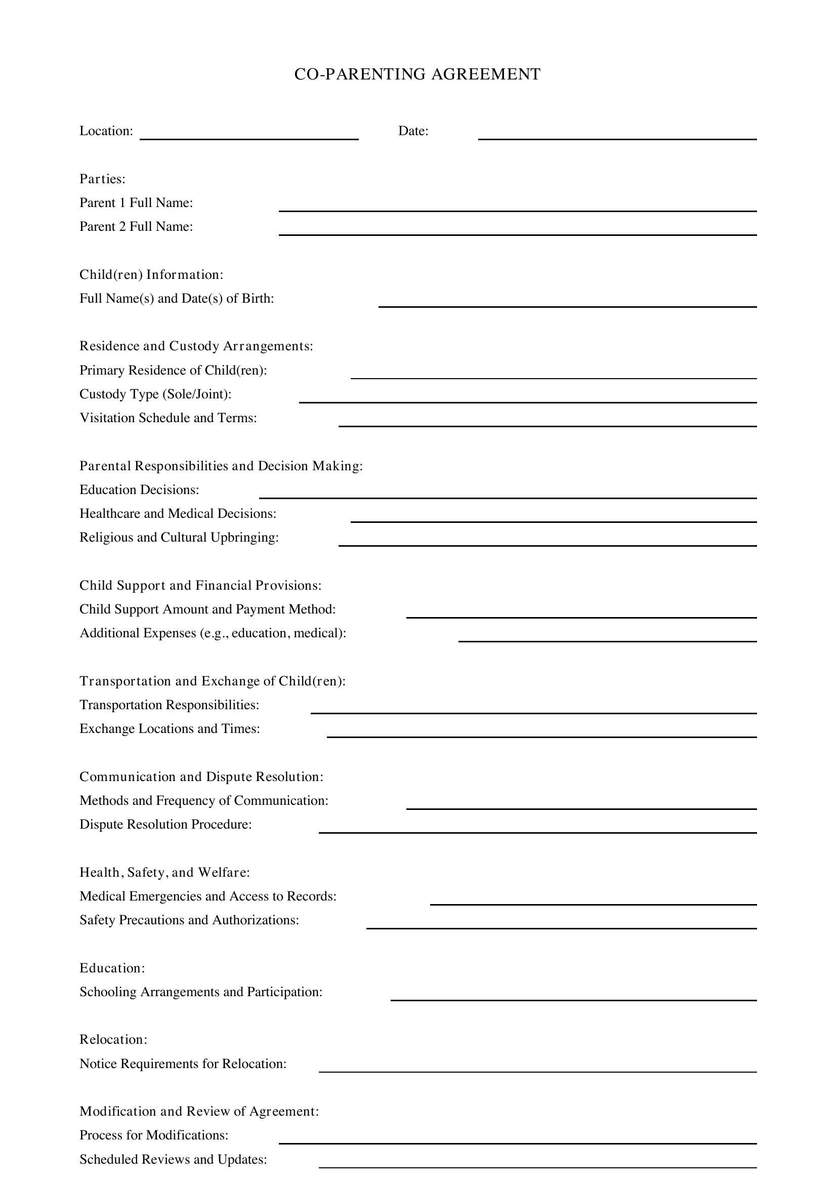 Co Parenting Agreement Template - UK