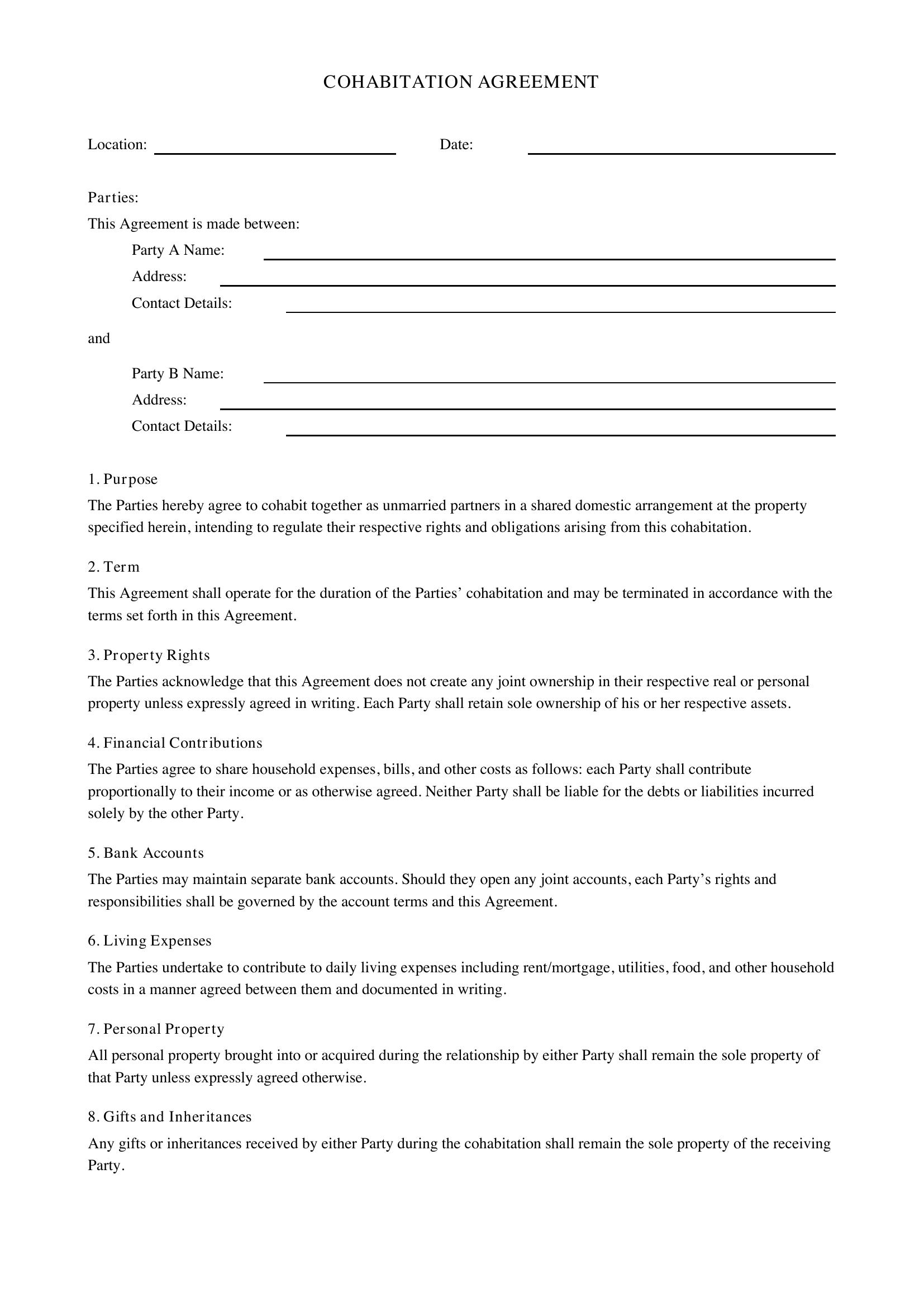 Cohabitation Agreement Template - UK