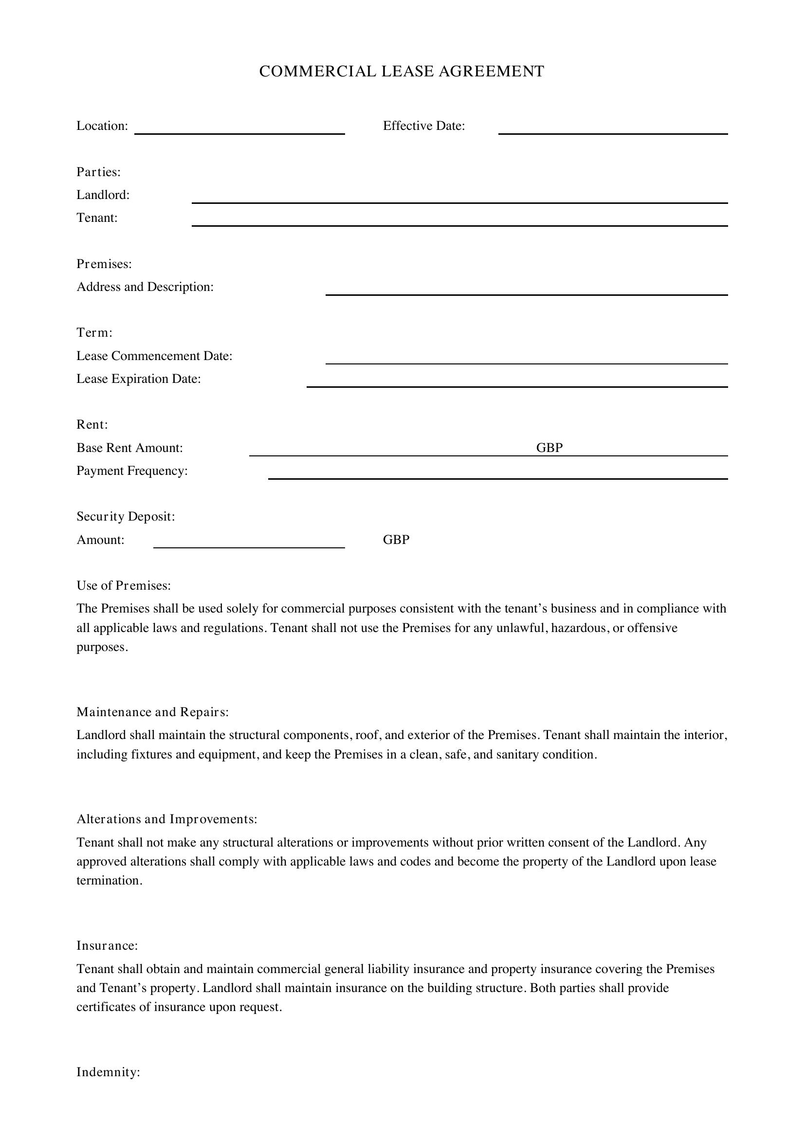 Commercial Lease Agreement Template - UK