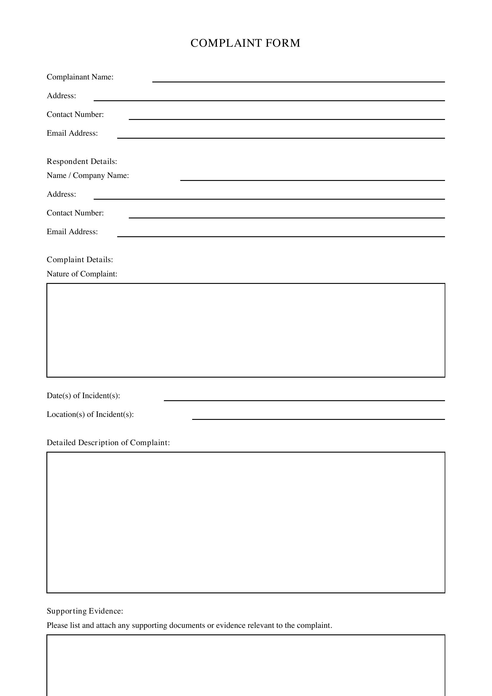 Complaint Form Template - UK