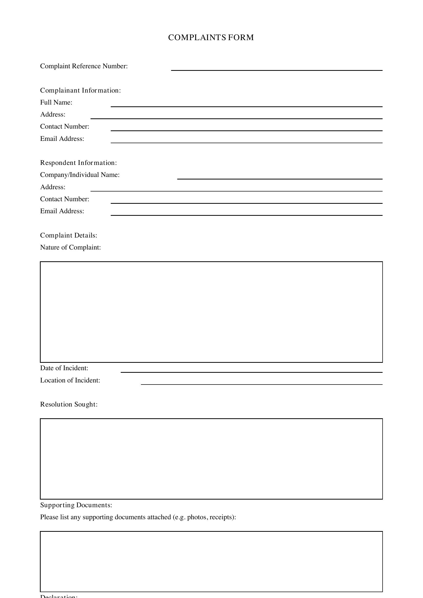 Complaints Form Template - UK