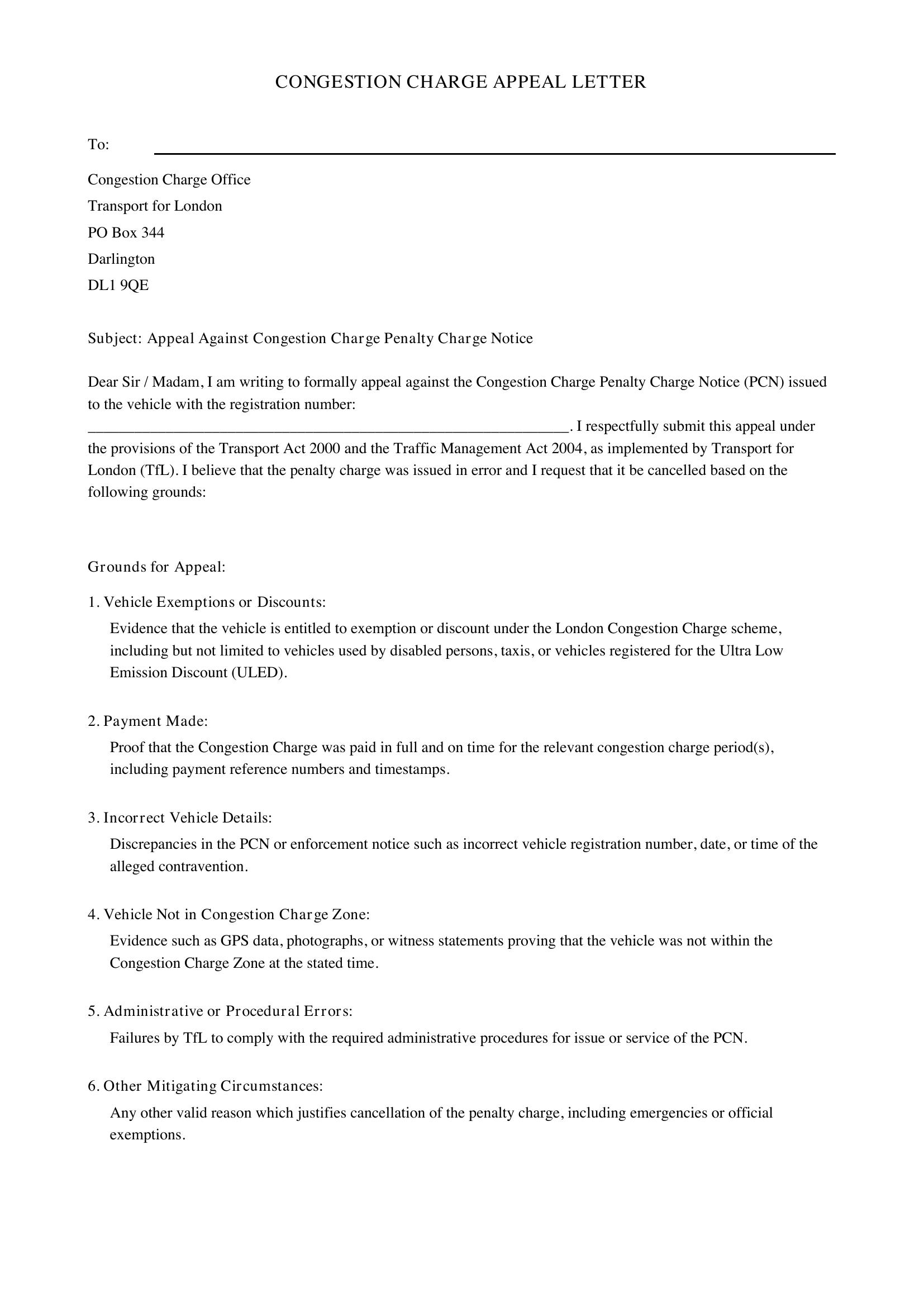 Congestion Charge Appeal Letter Template - UK