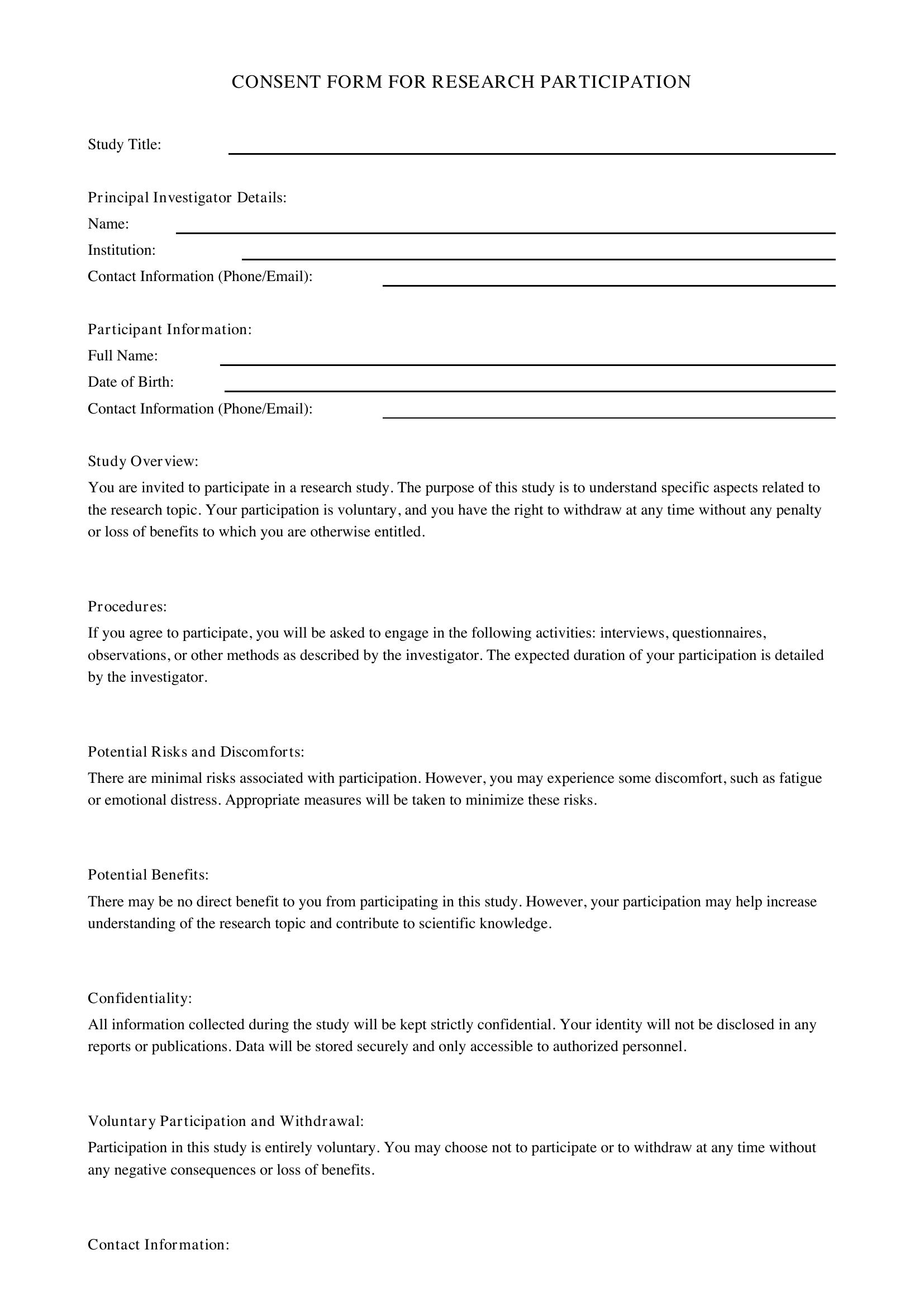 Consent Form For Research Template - UK