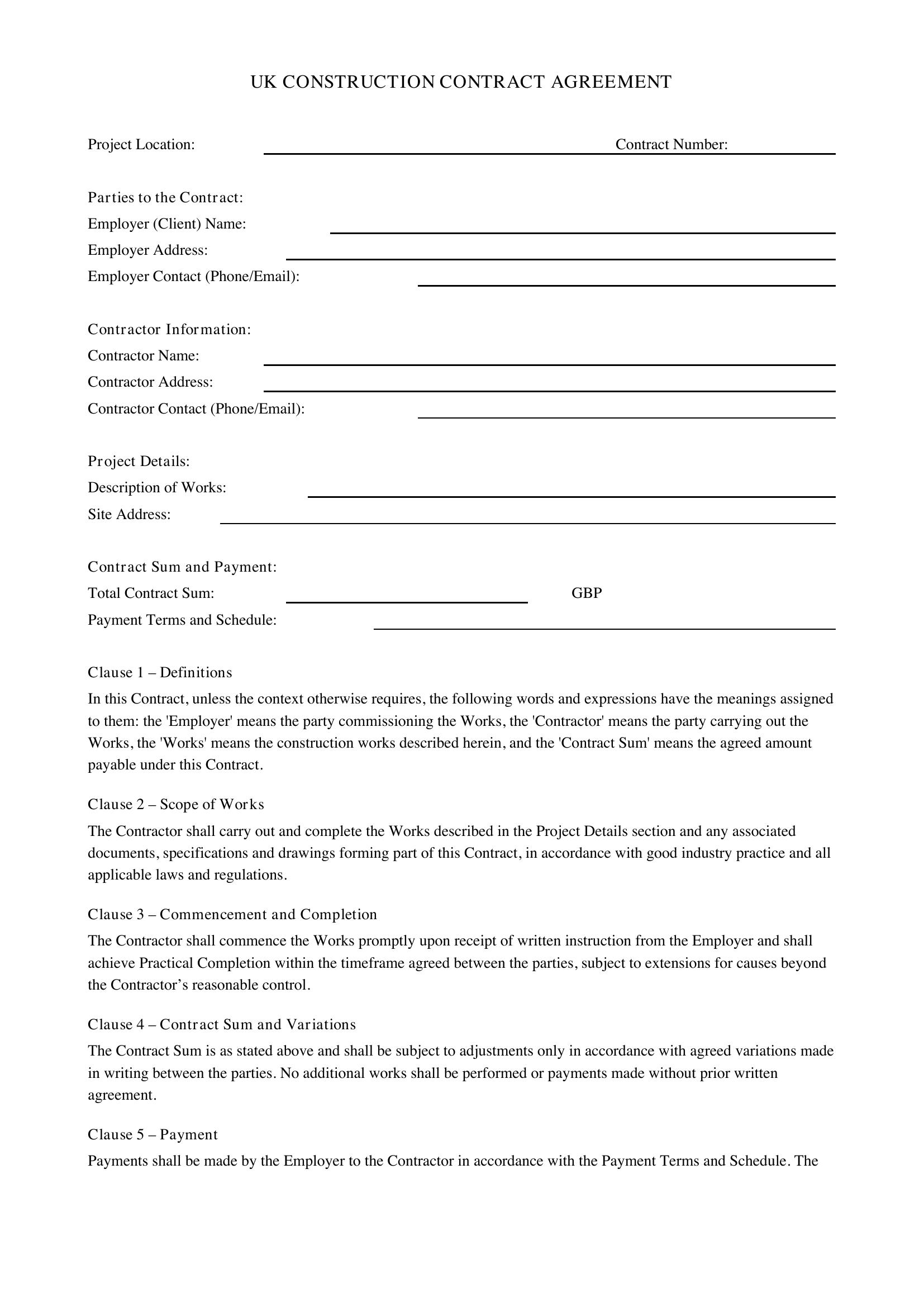 Construction Contract Template - UK