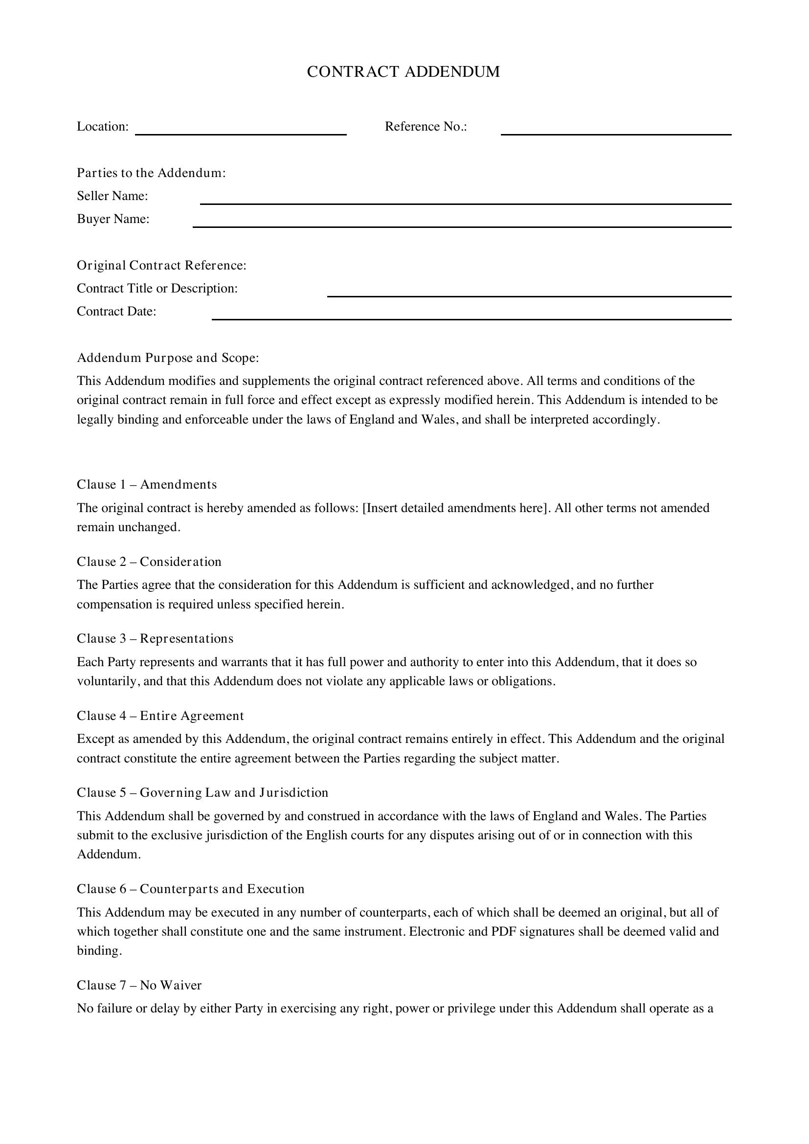 Contract Addendum Template - UK