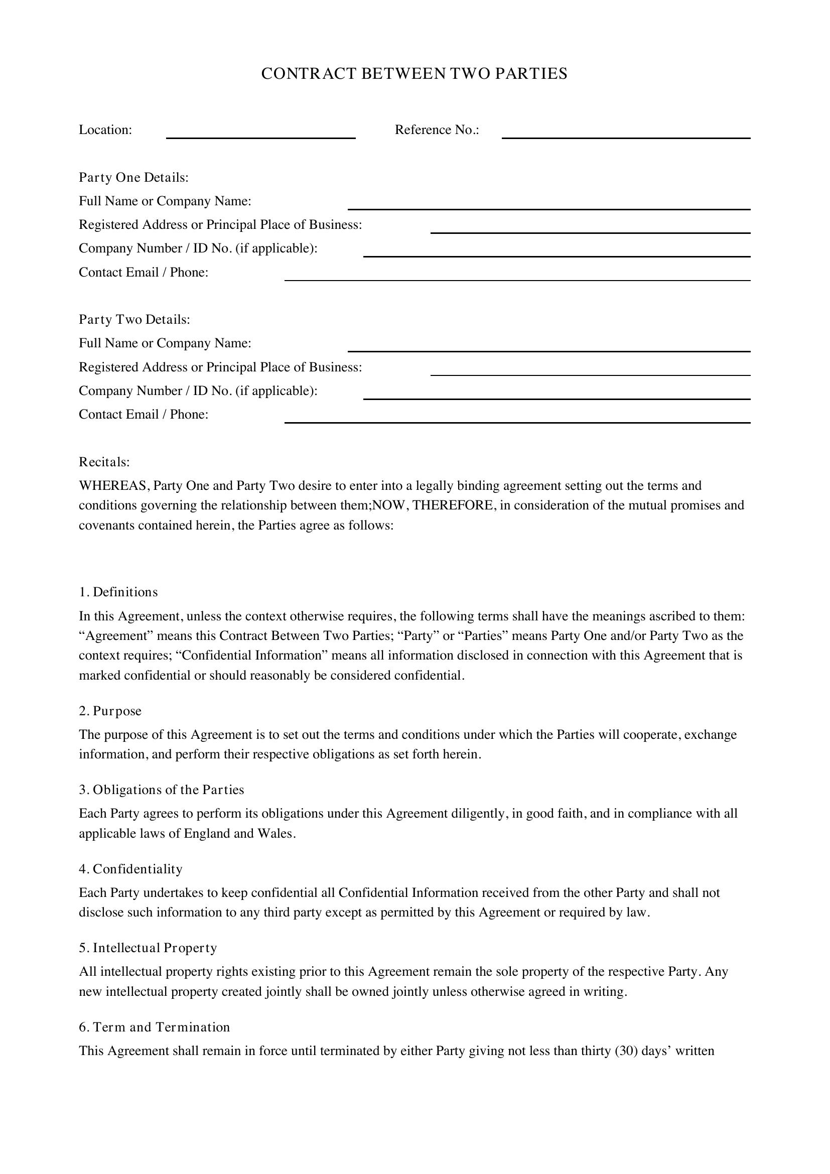 Contract Between Two Parties Template - UK