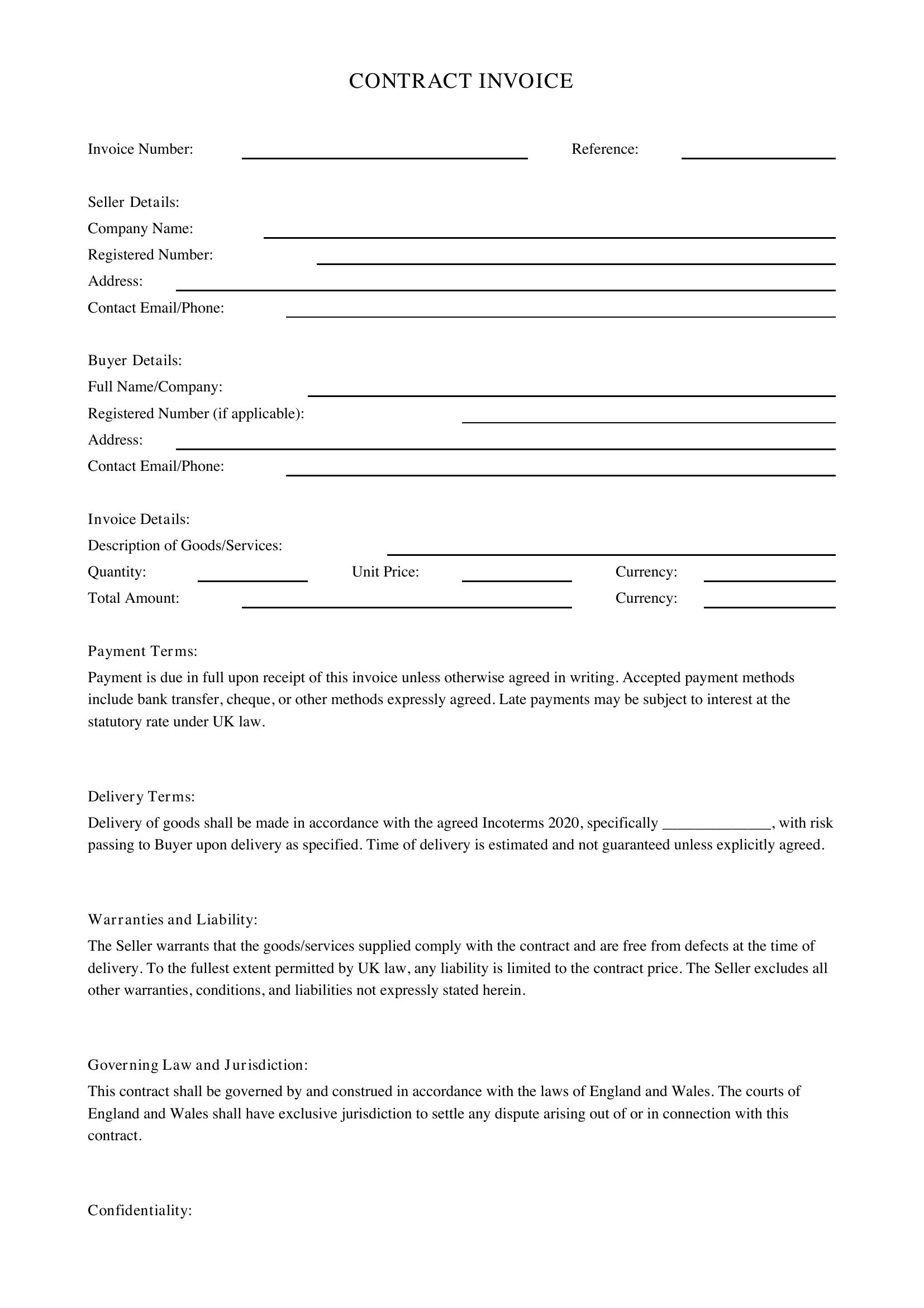 Contract Invoice Template - UK