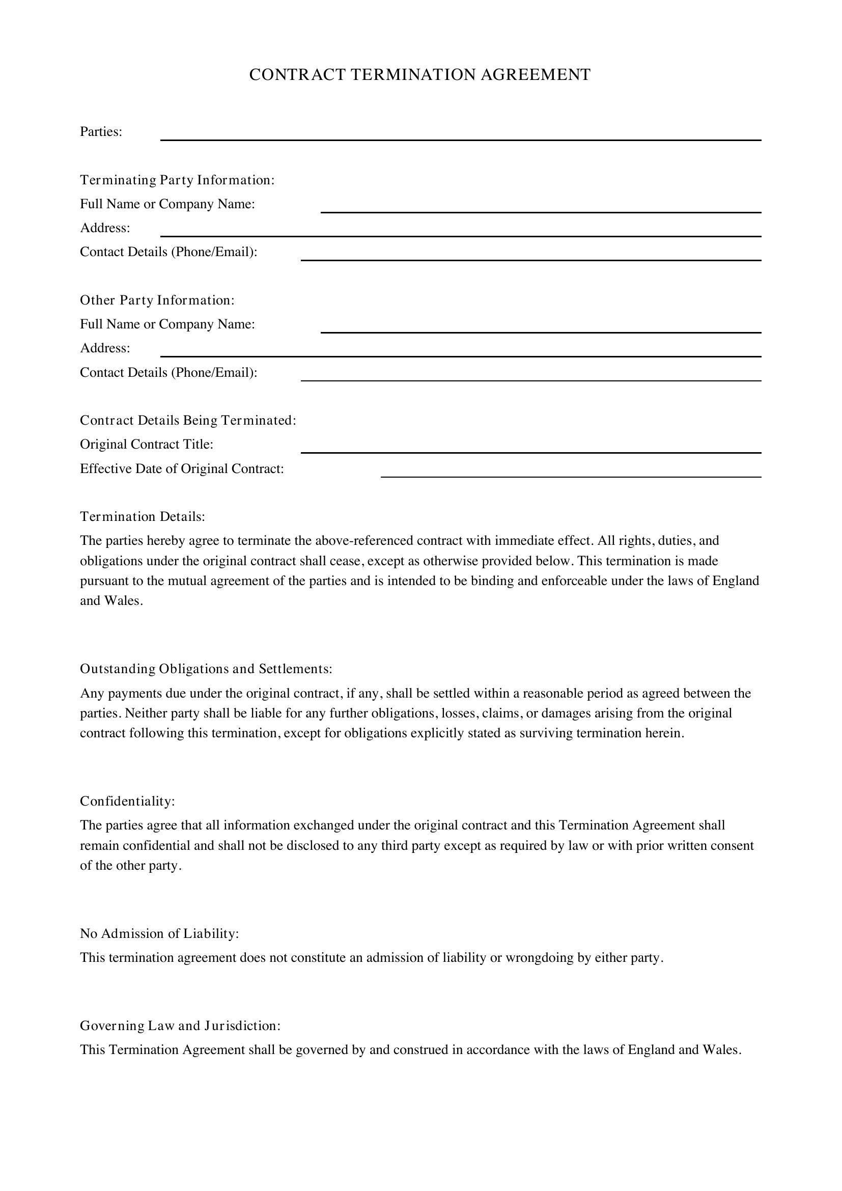 Contract Termination Template - UK