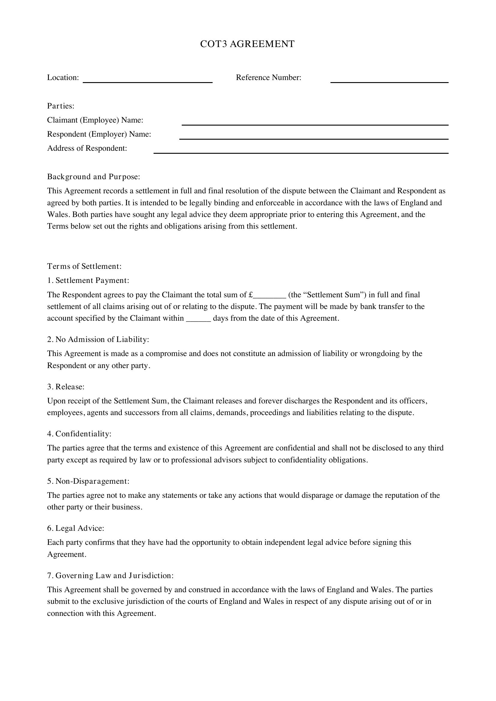 Cot3 Agreement Template - UK