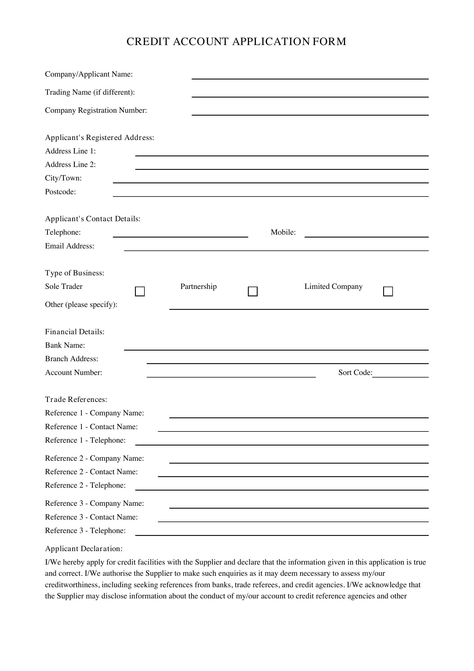 Credit Account Application Form Template - UK