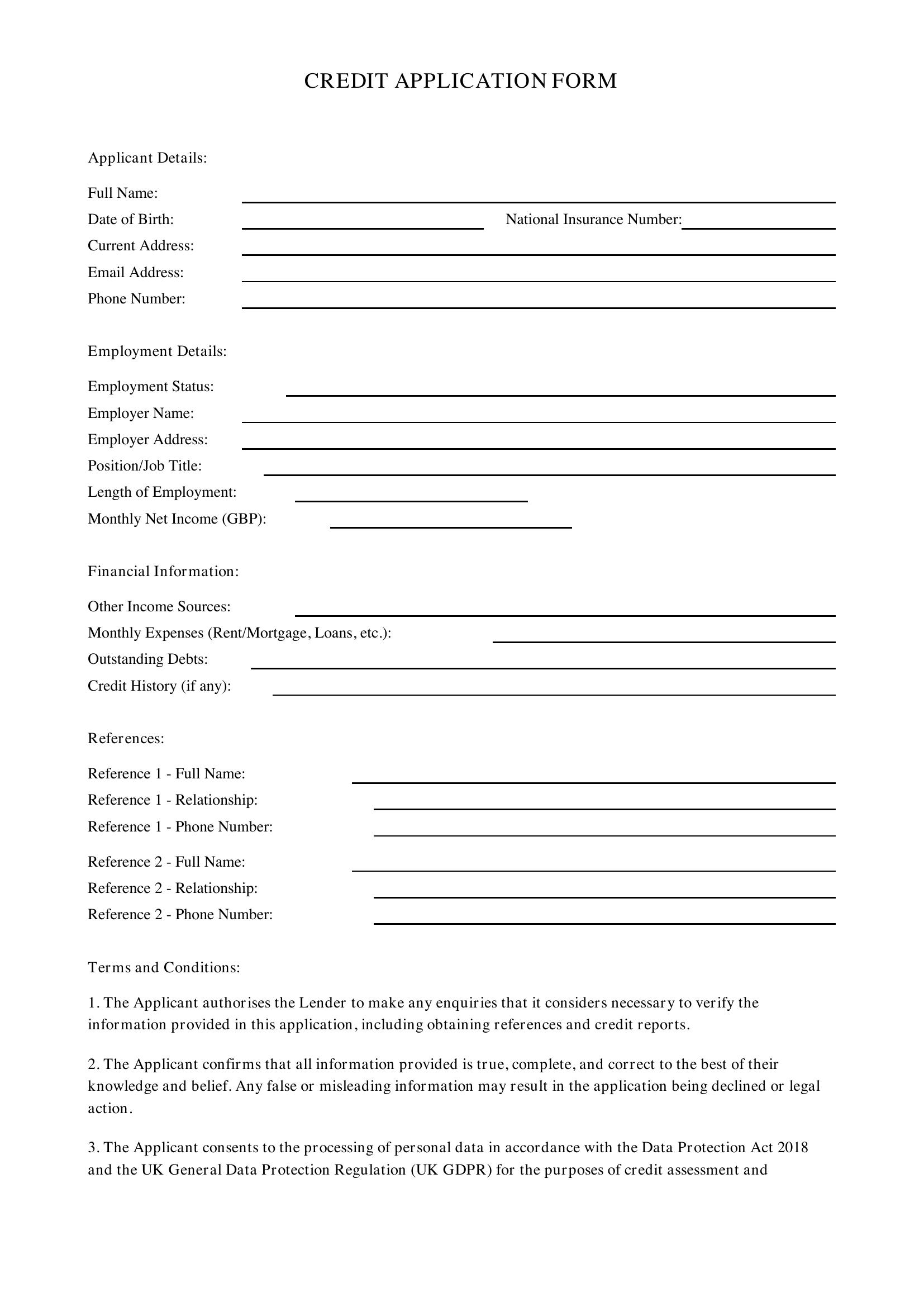 Credit Application Form Template - UK