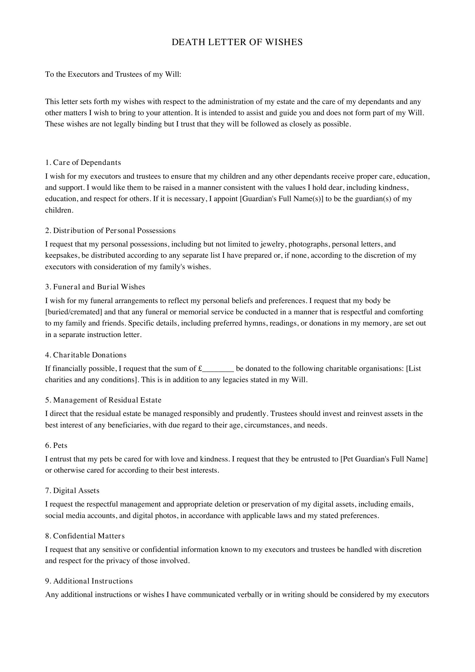 Death Letter Of Wishes Template - UK