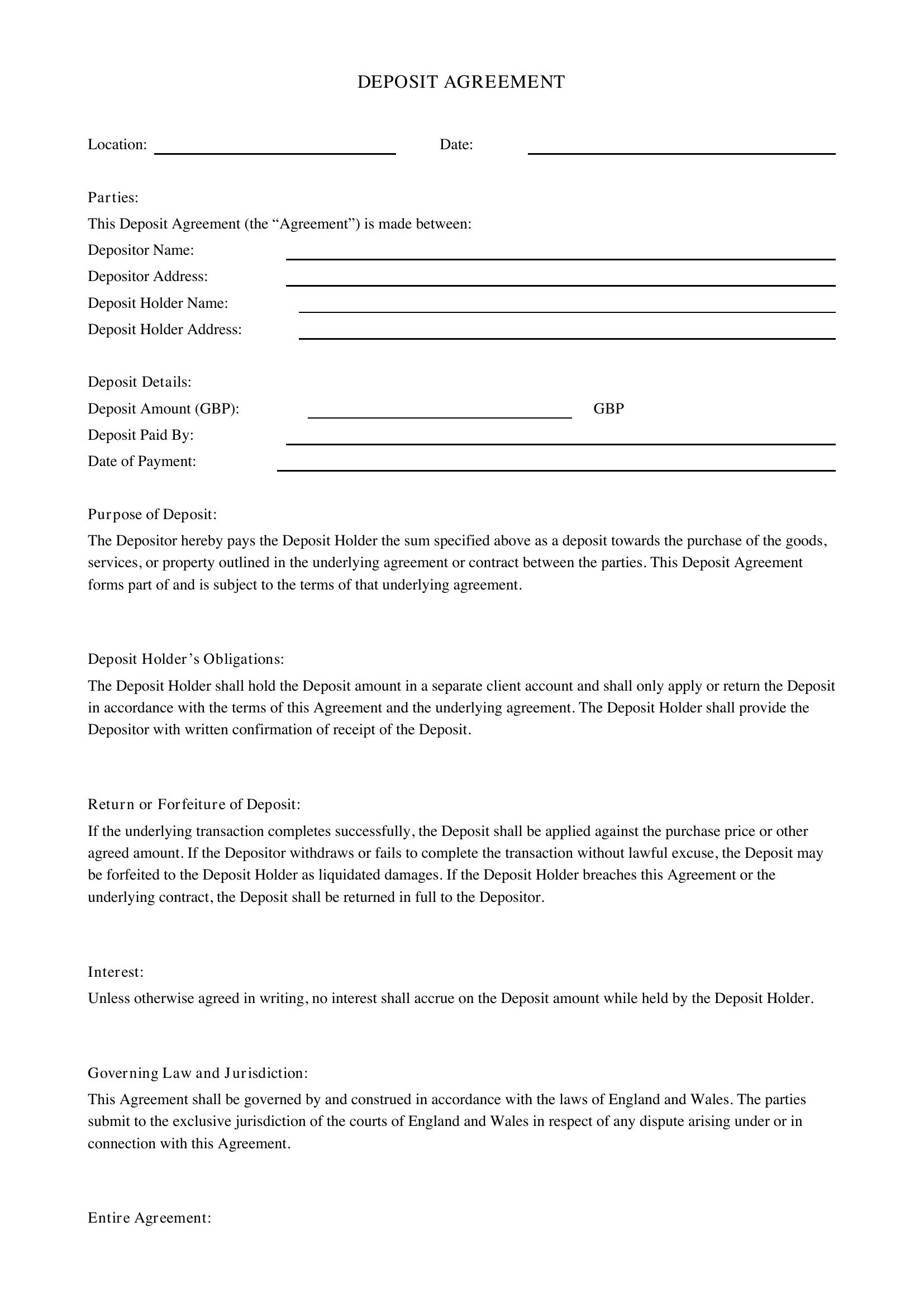 Deposit Agreement Template - UK