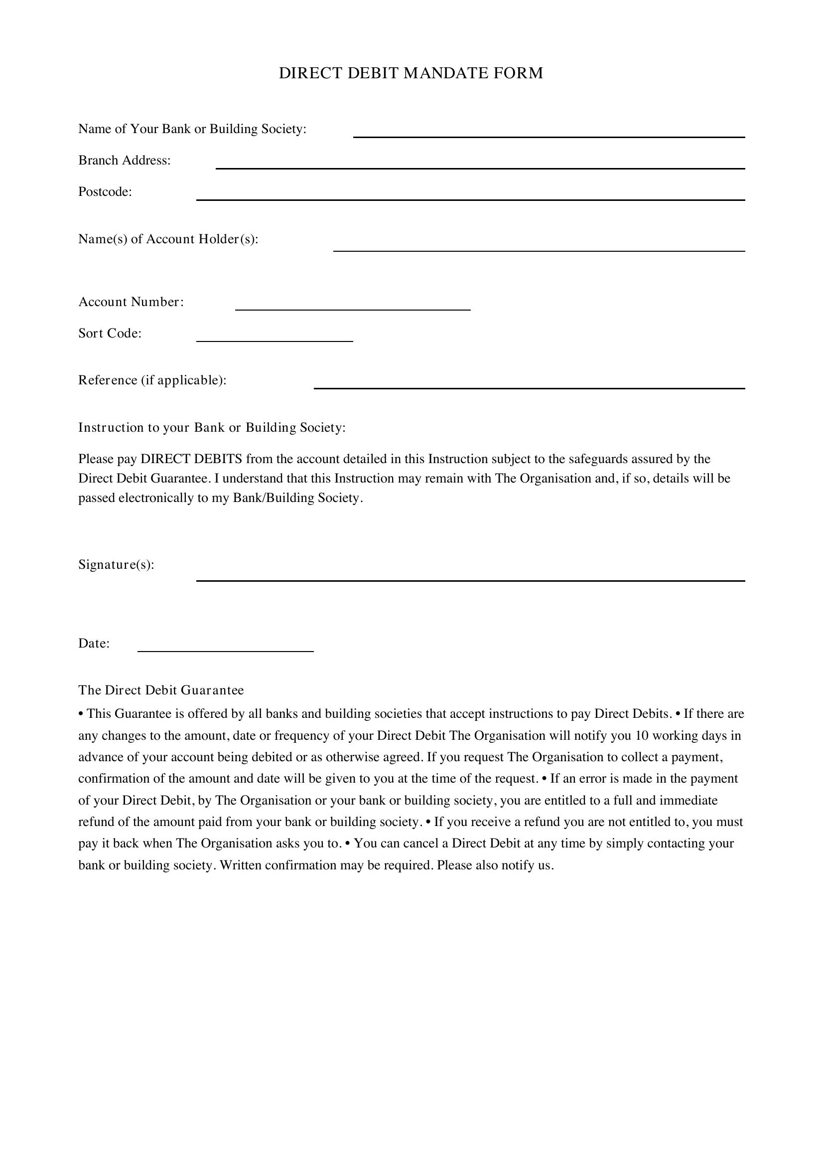 Direct Debit Form Template - UK