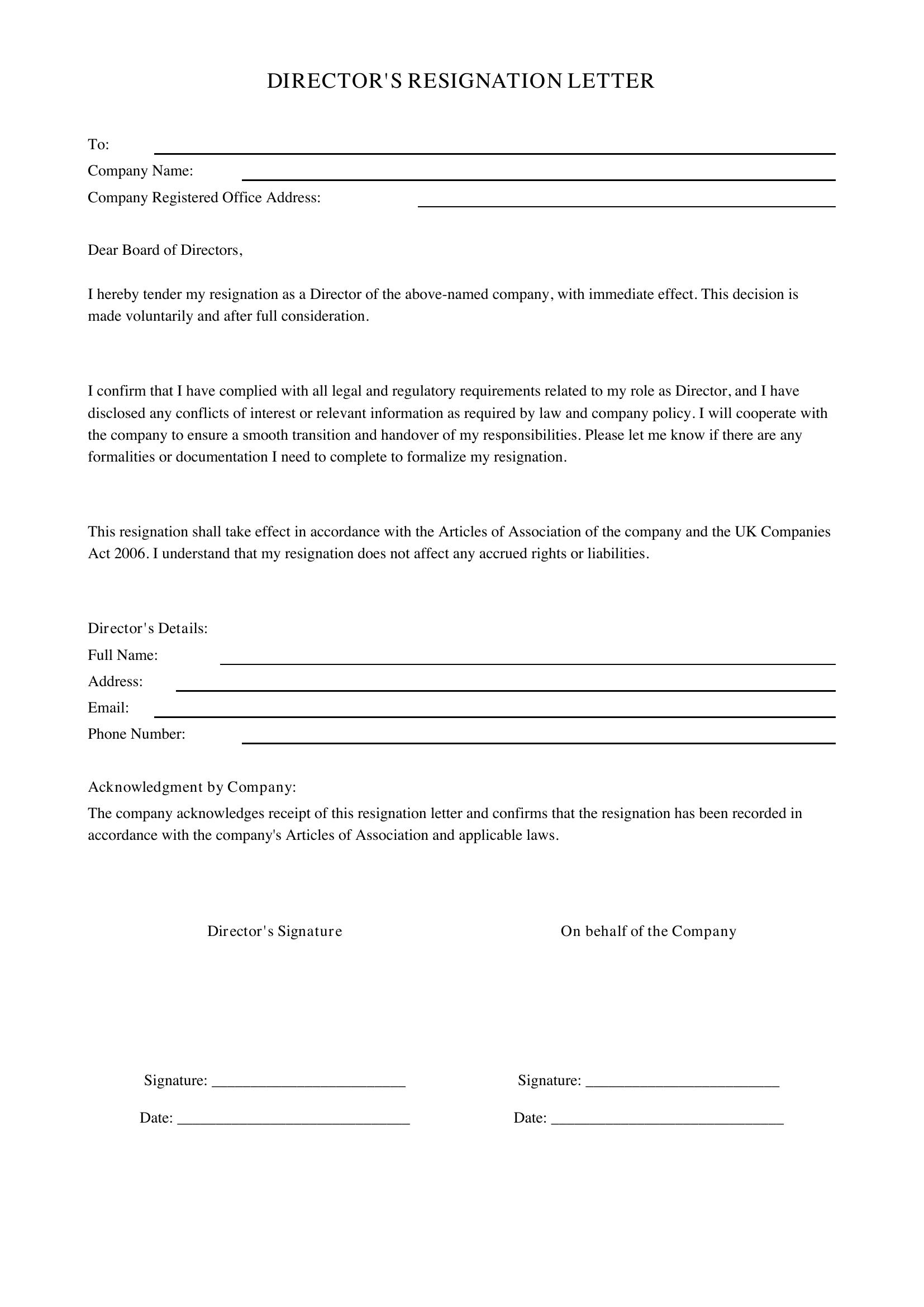 Directors Resignation Letter Template - UK