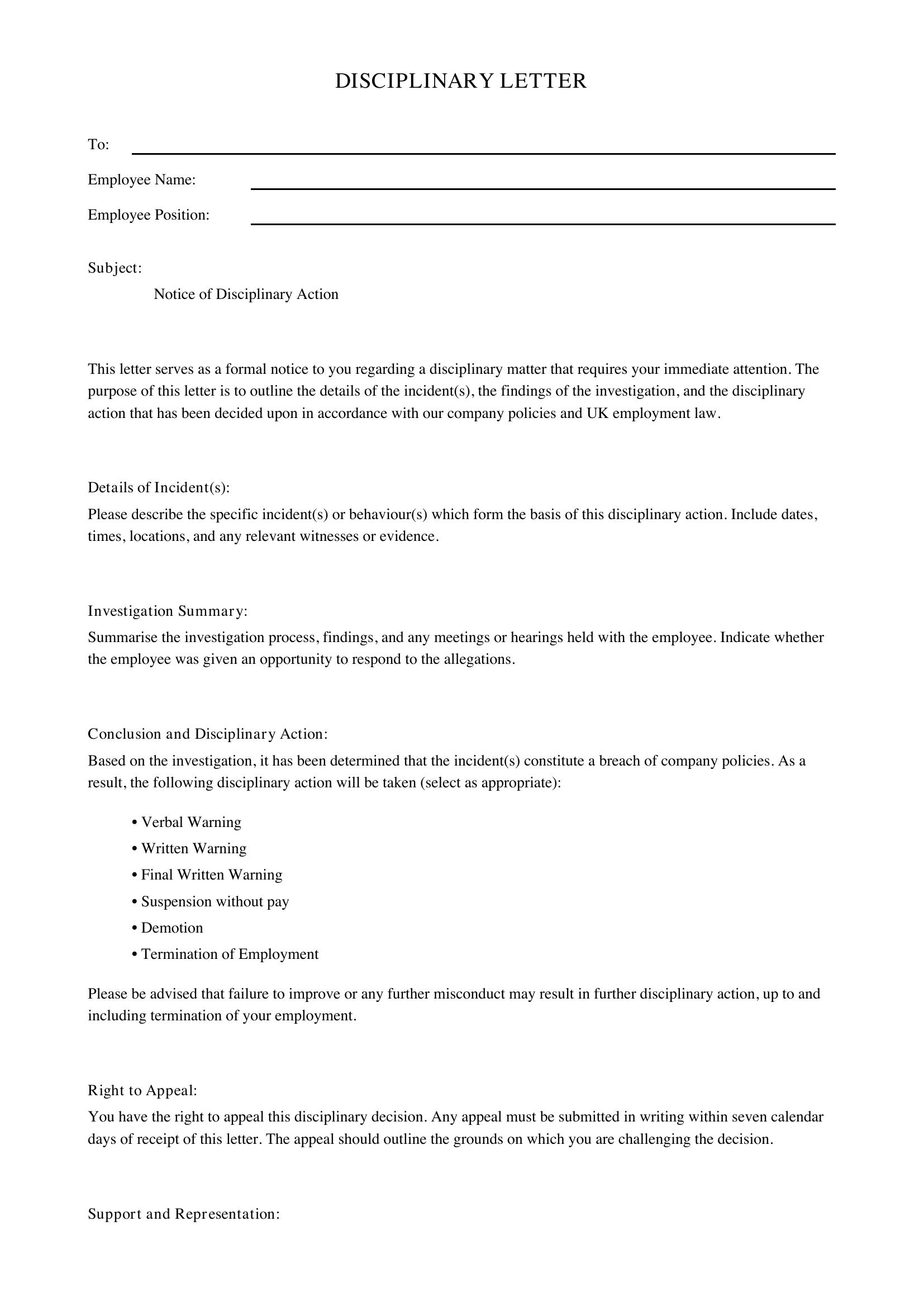 Disciplinary Letter Template - UK