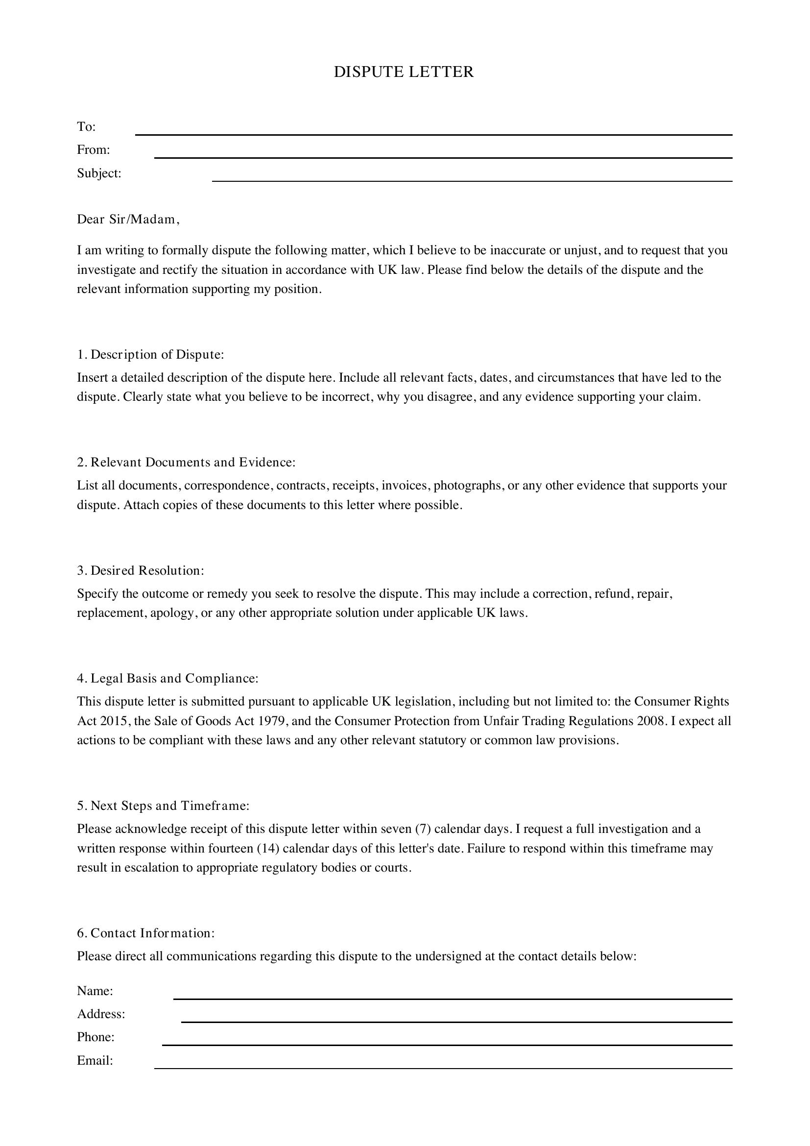 Dispute Letter Template - UK