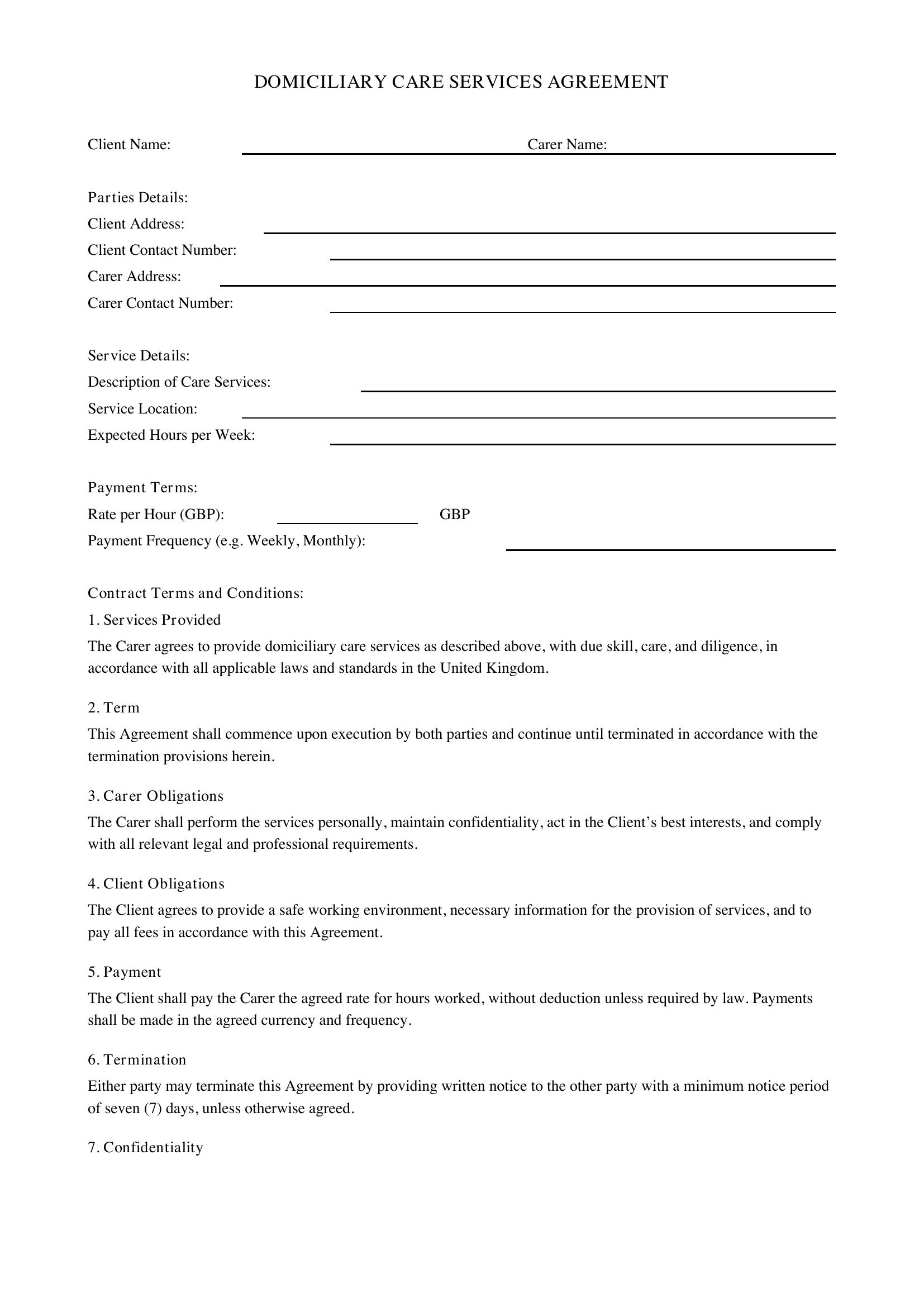 Domiciliary Care Contract Template - UK