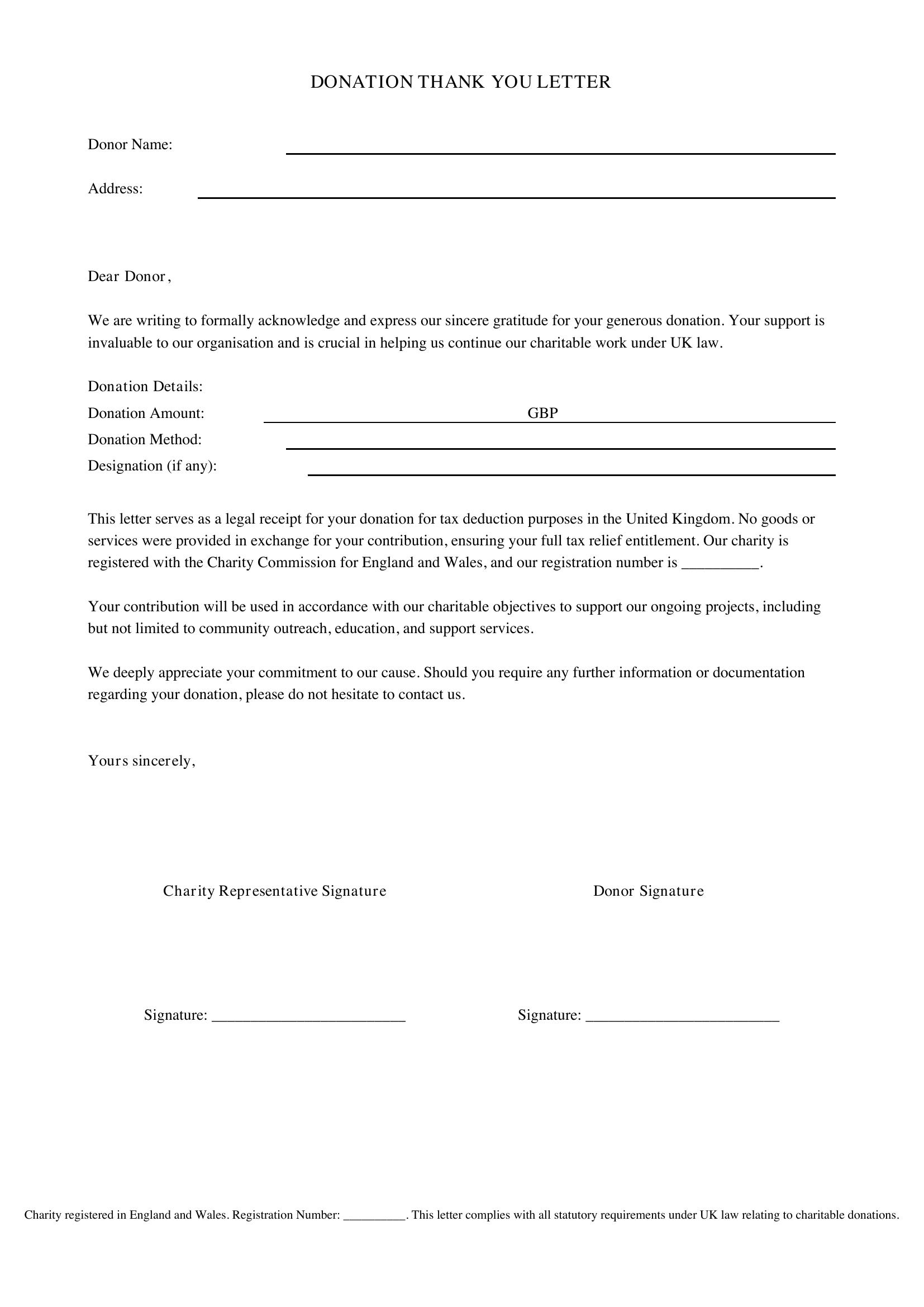 Donation Thank You Letter Template - UK