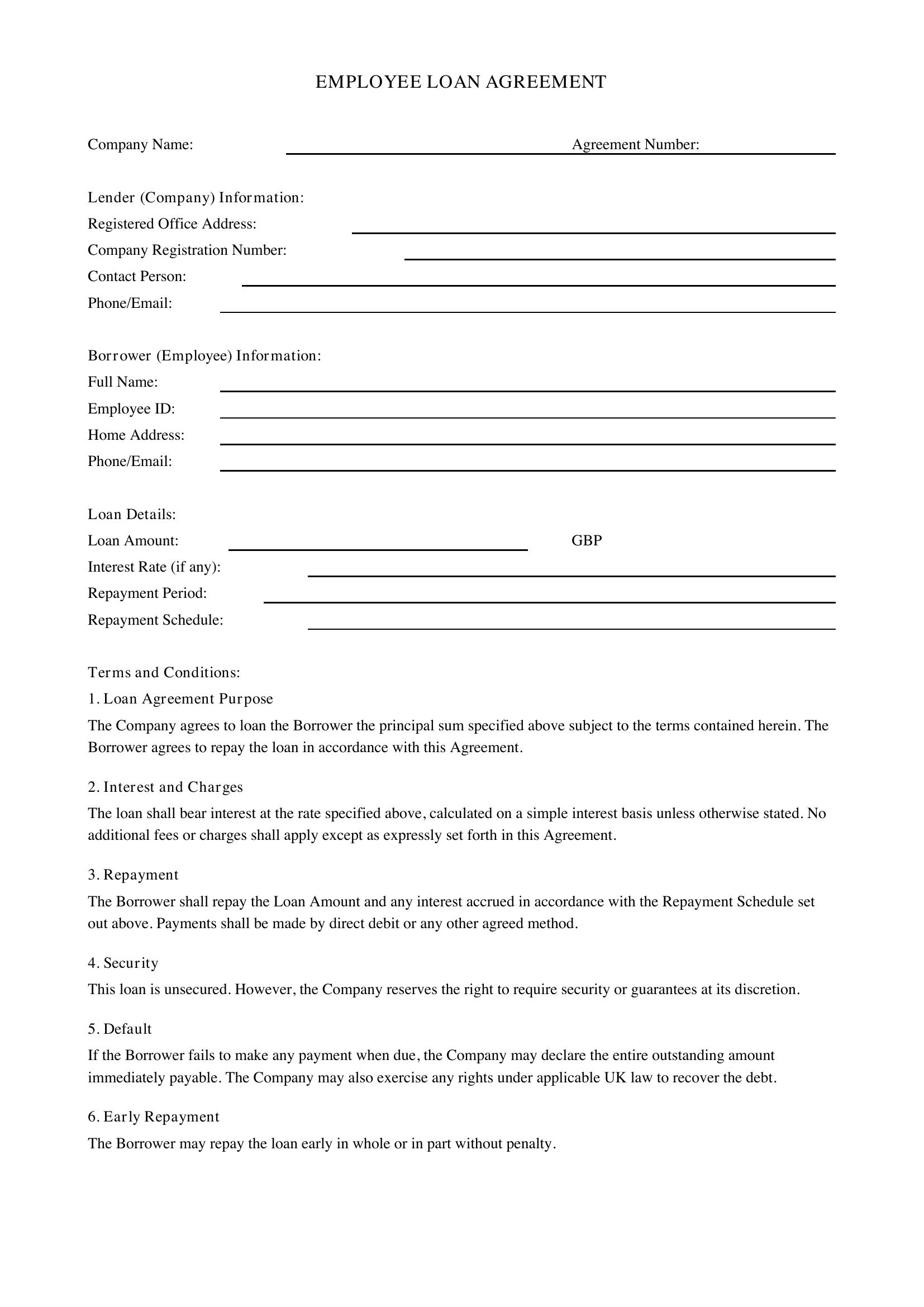 Employee Loan Agreement Template - UK