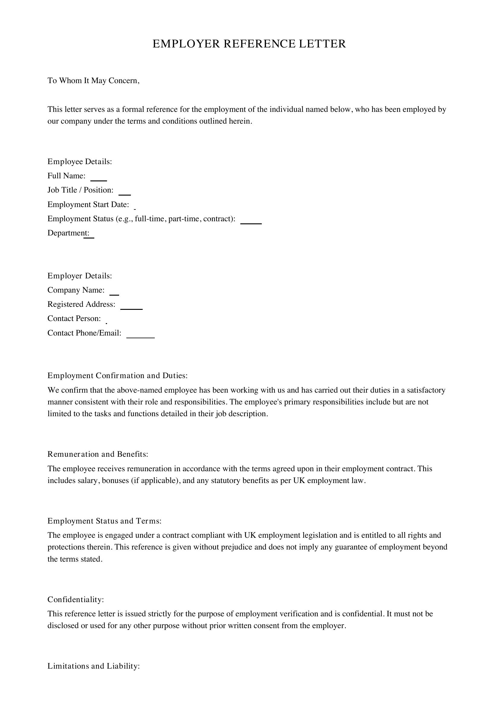 Employer Reference Letter Template - UK