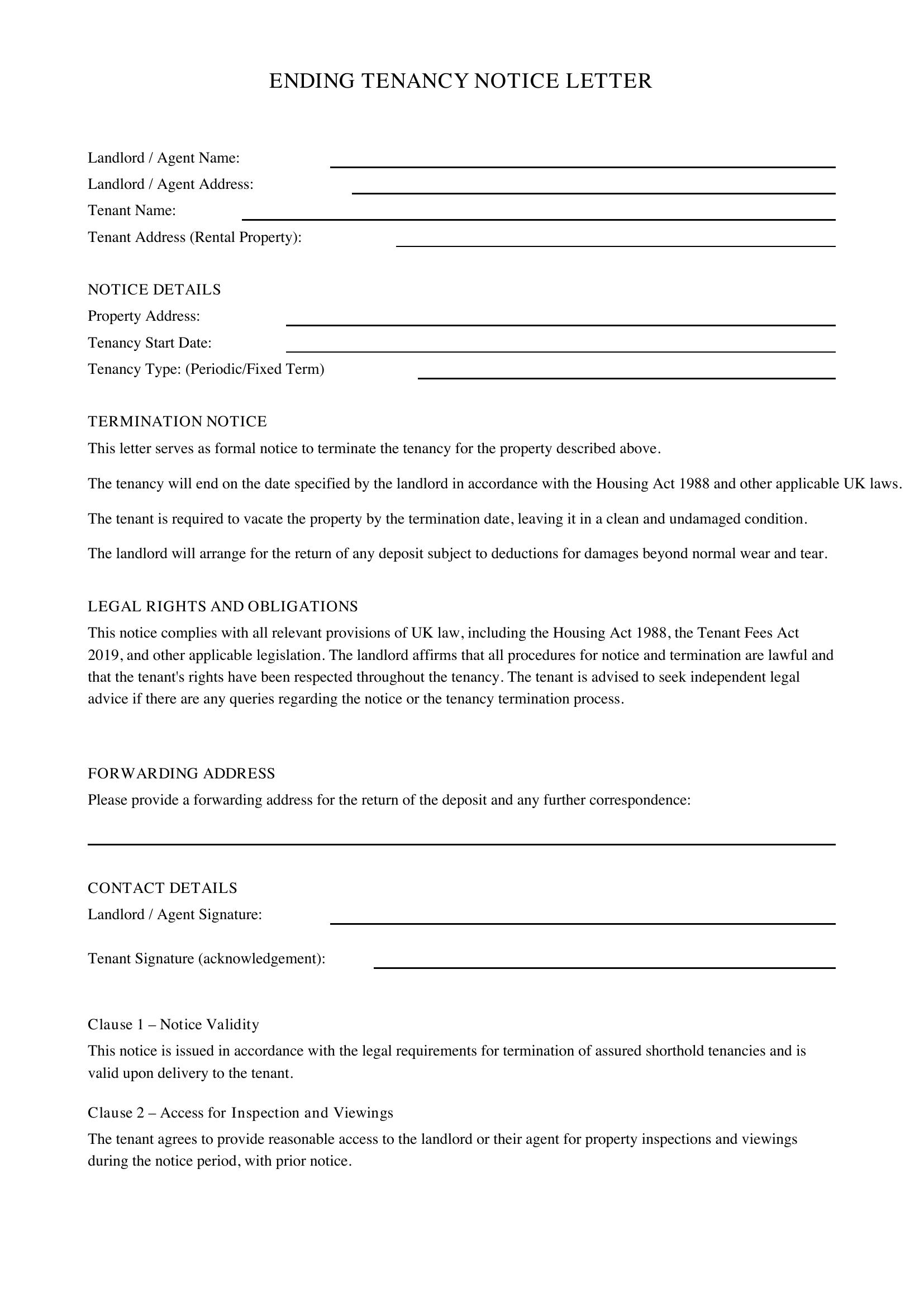 Ending Tenancy Letter Template - UK