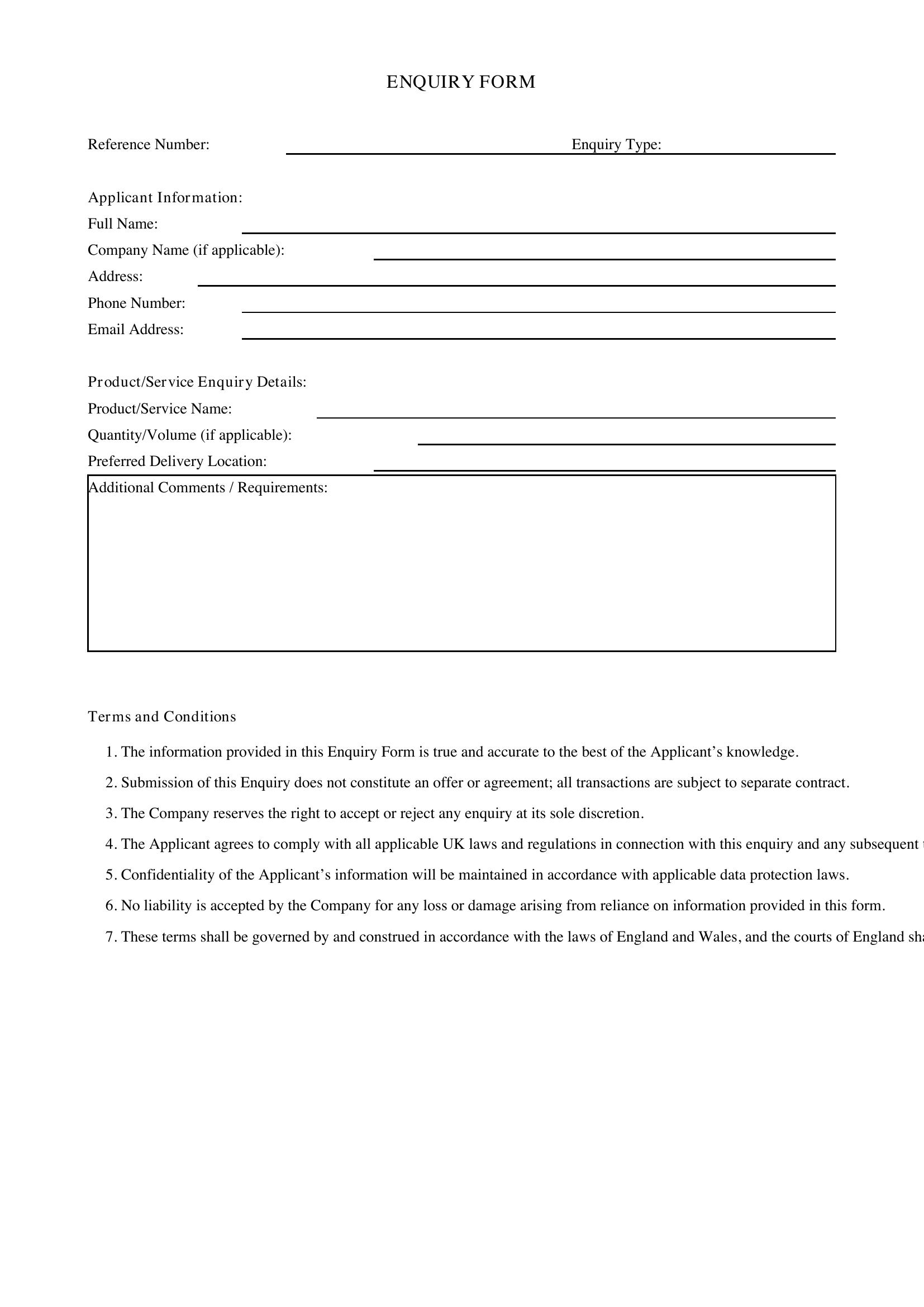 Enquiry Form Template - UK