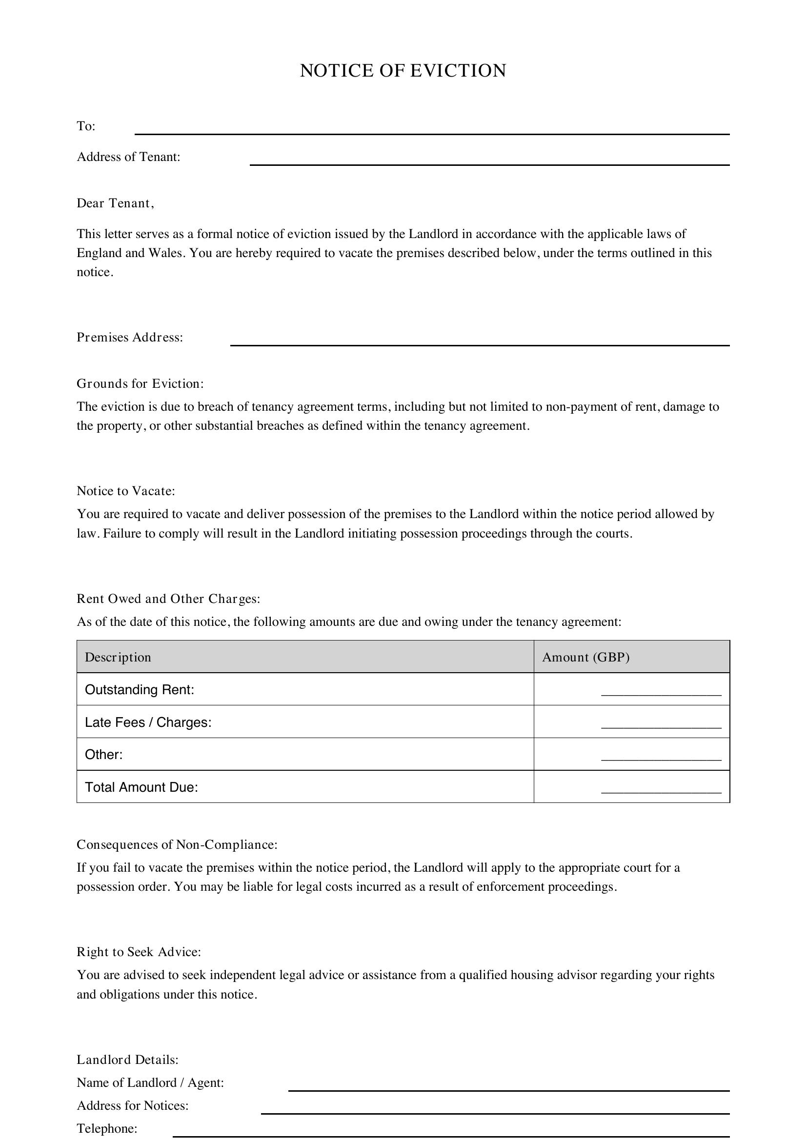 Eviction Notice Letter Template - UK