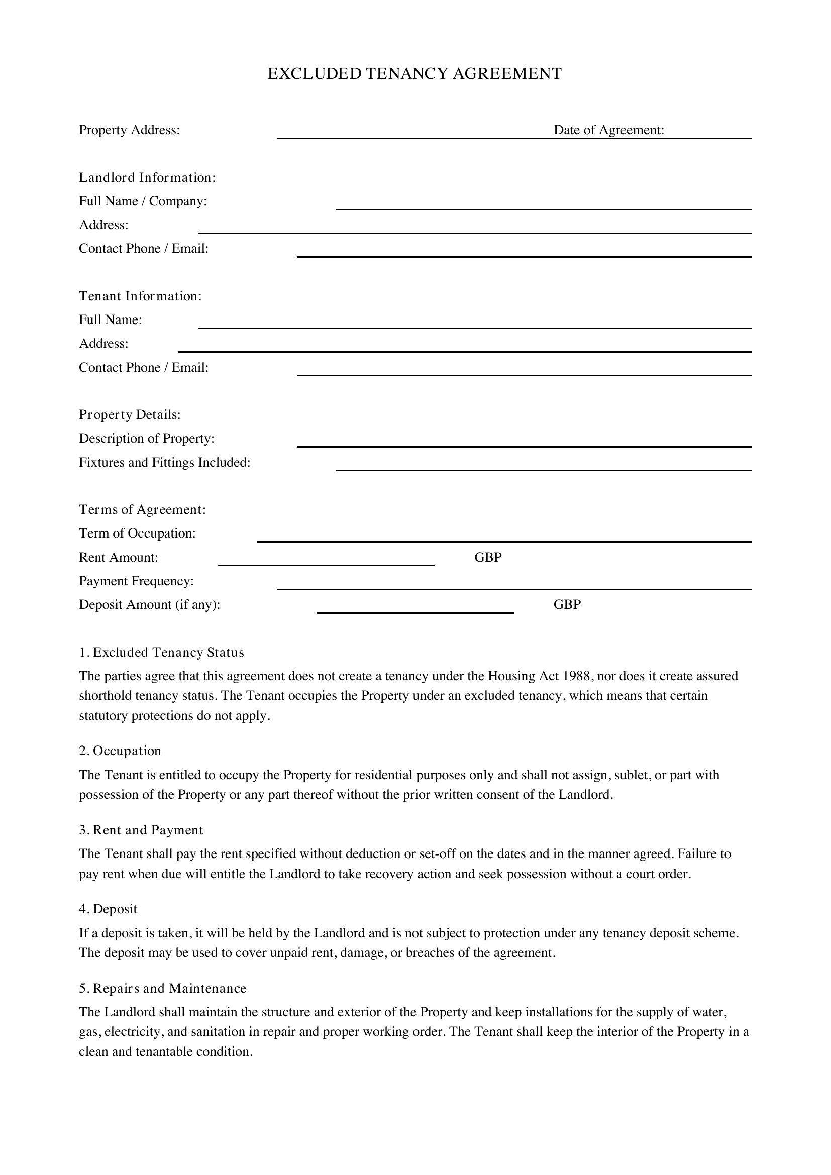 Excluded Tenancy Agreement Template - UK