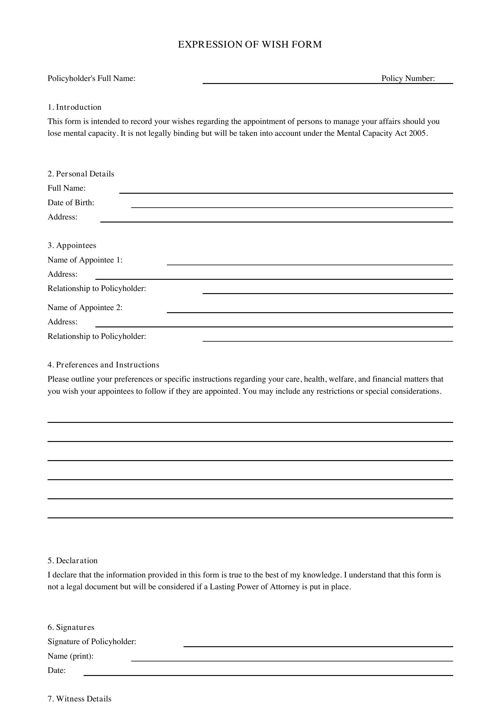 Expression Of Wish Form Template - UK