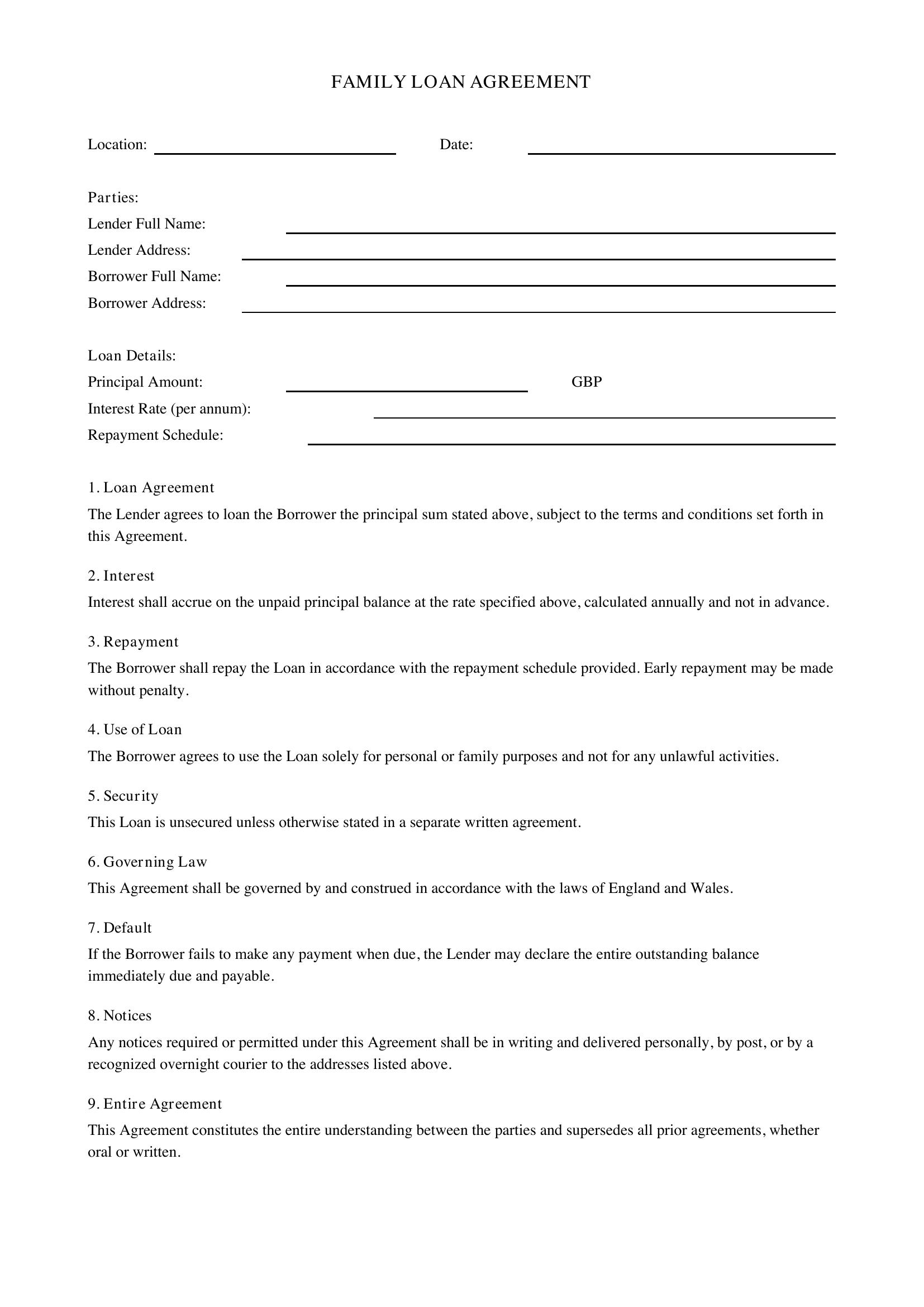 Family Loan Agreement Template - UK