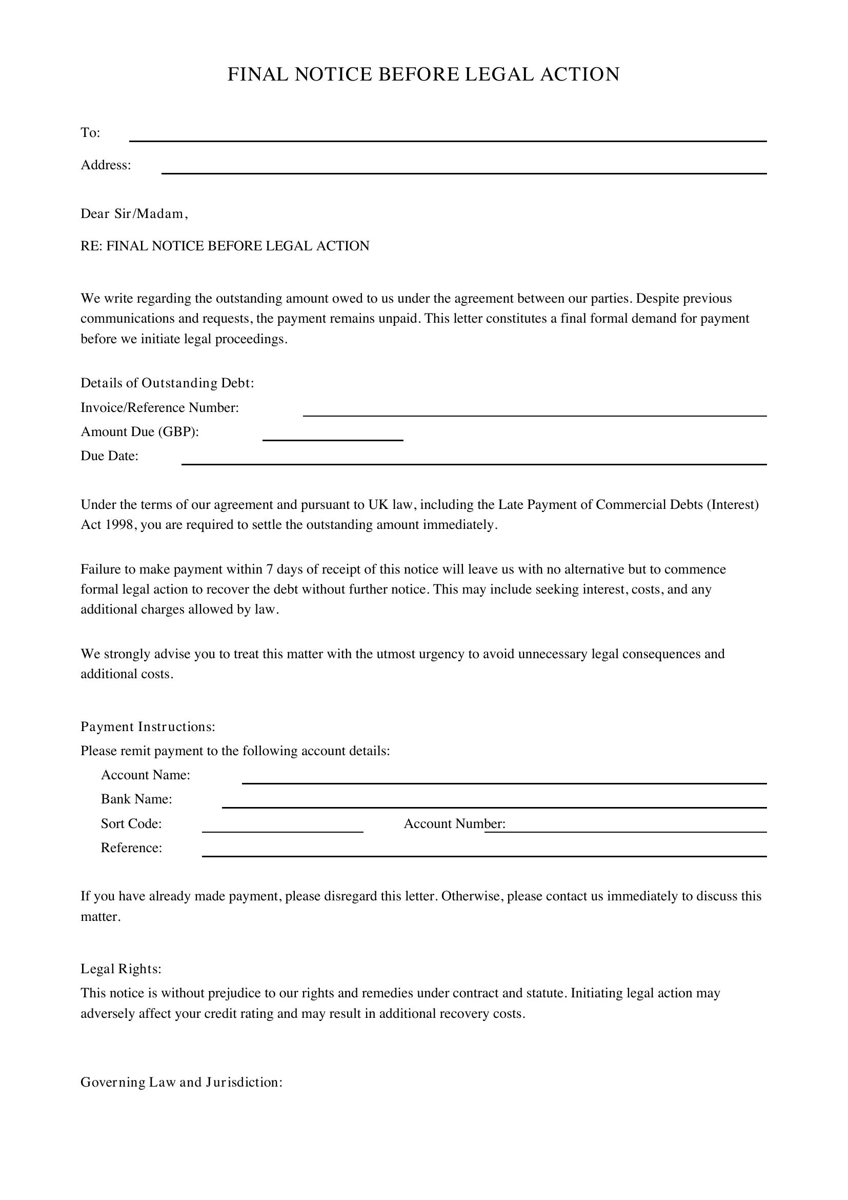 Final Notice Before Legal Action Letter Template - UK