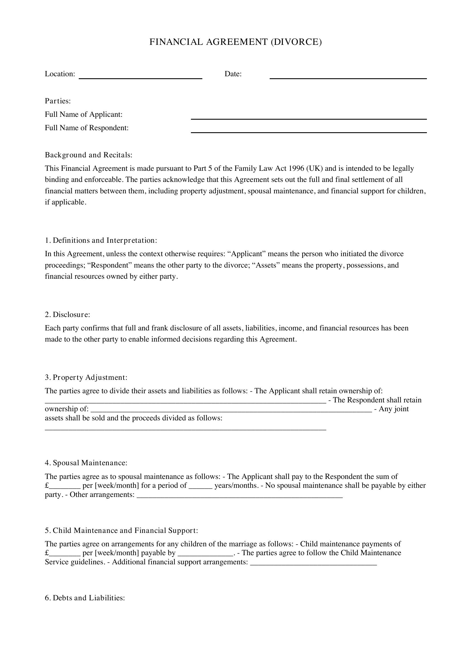 Financial Agreement Divorce Template - UK