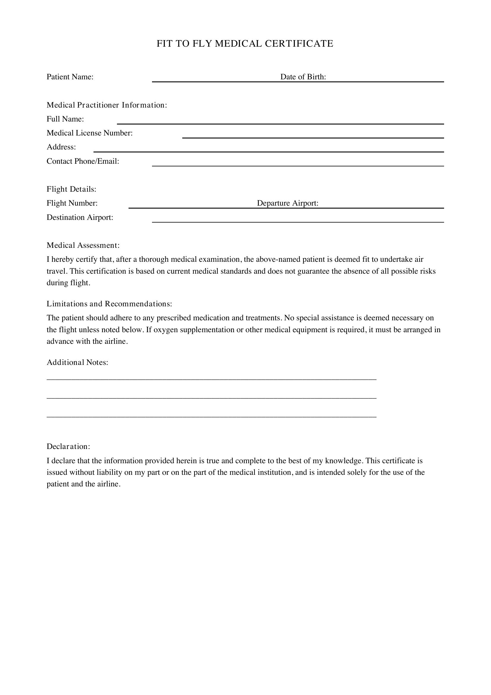 Fit To Fly Letter Template - UK