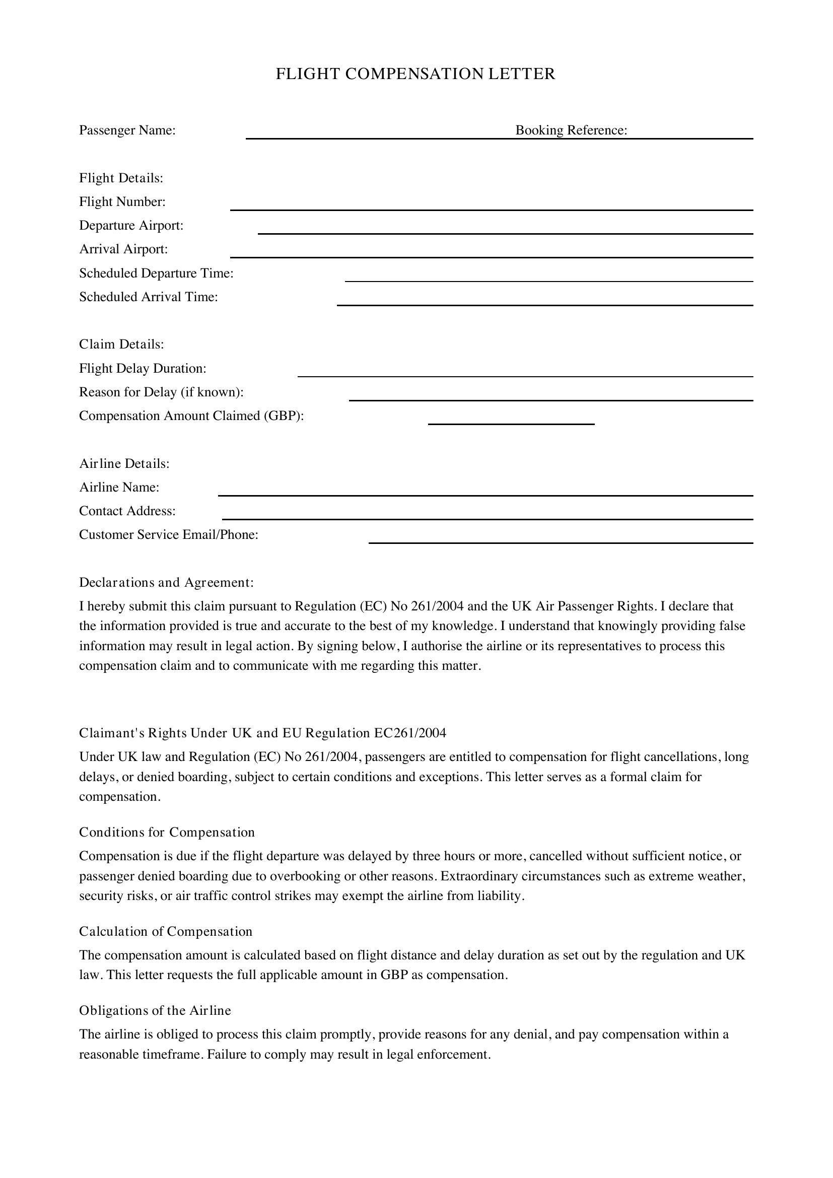 Flight Compensation Letter Template - UK