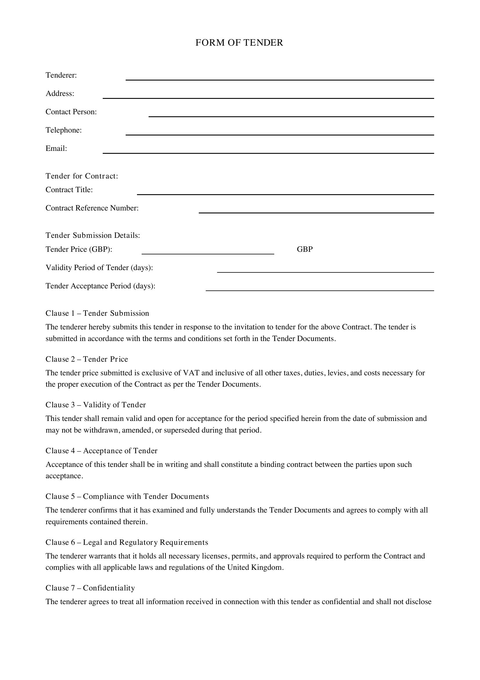Form Of Tender Template - UK
